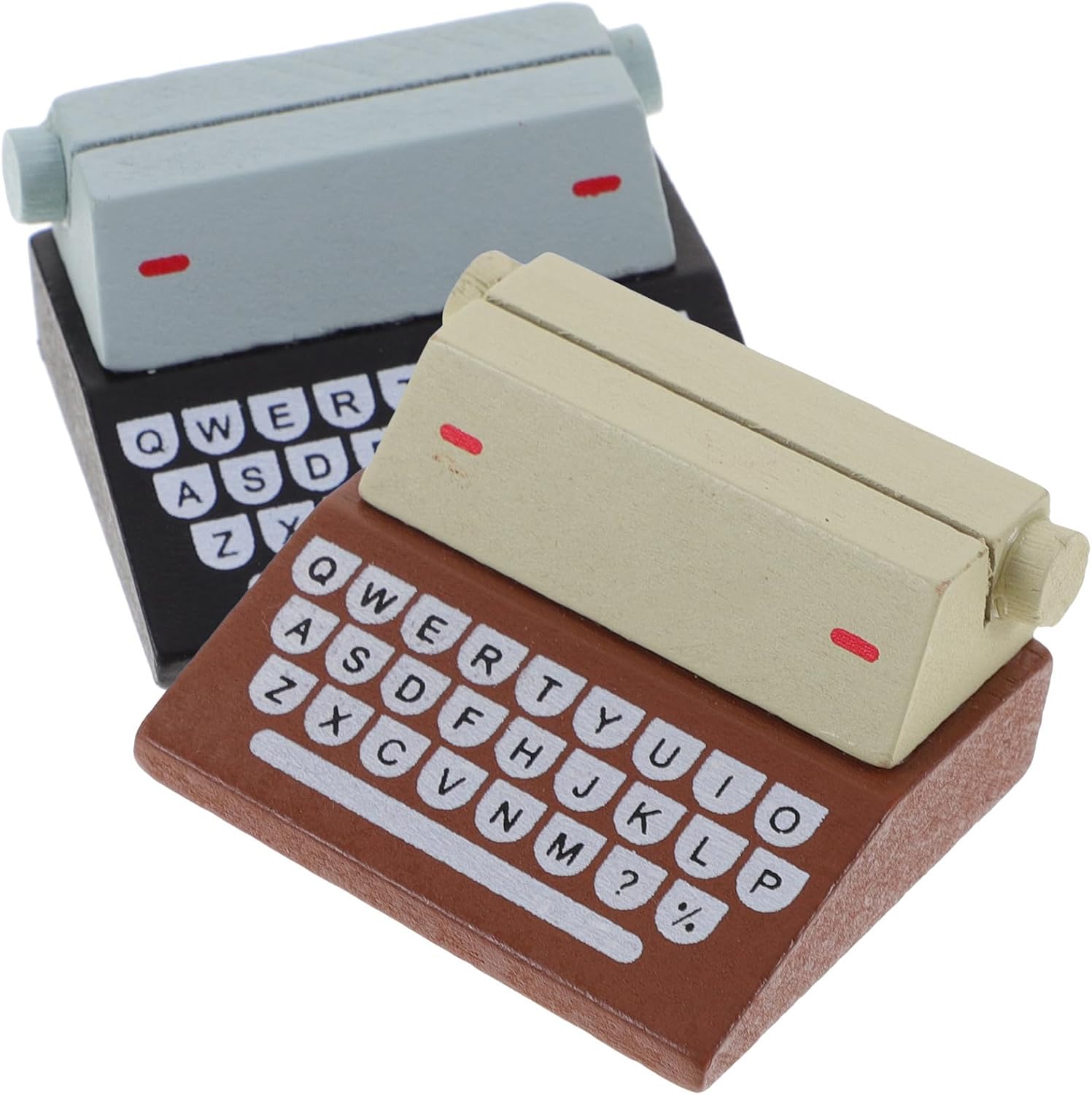 Vintage Typewriter Photo Holder Clips, 2-Pack Retro Memo Stand with Wooden Base, Rustic Desk Decor & Place Card Holders for Table Numbers, Pictures, and Business Cards, Brown & Black