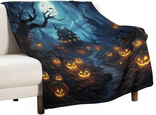 Haunted House - Manta medieval de calabaza con diseño de castillo, luna, bosque medieval, otoño, Halloween, manta suave y cálida de 40 x 50
