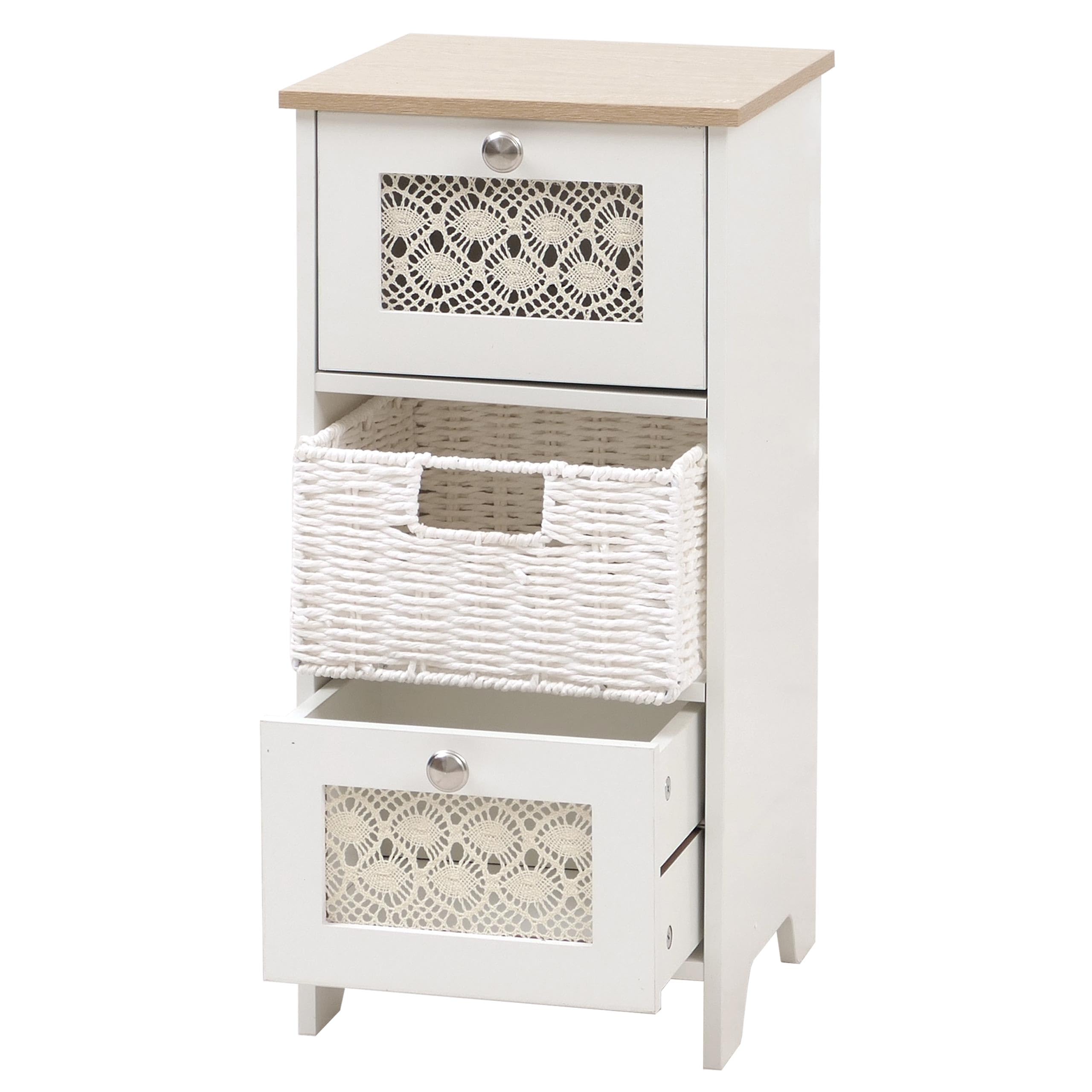 Mendler Comò HWC-O75, cassettiera, 3 cassetti a cestello decorativi legno melamina 63x30x30cm - bianco naturale