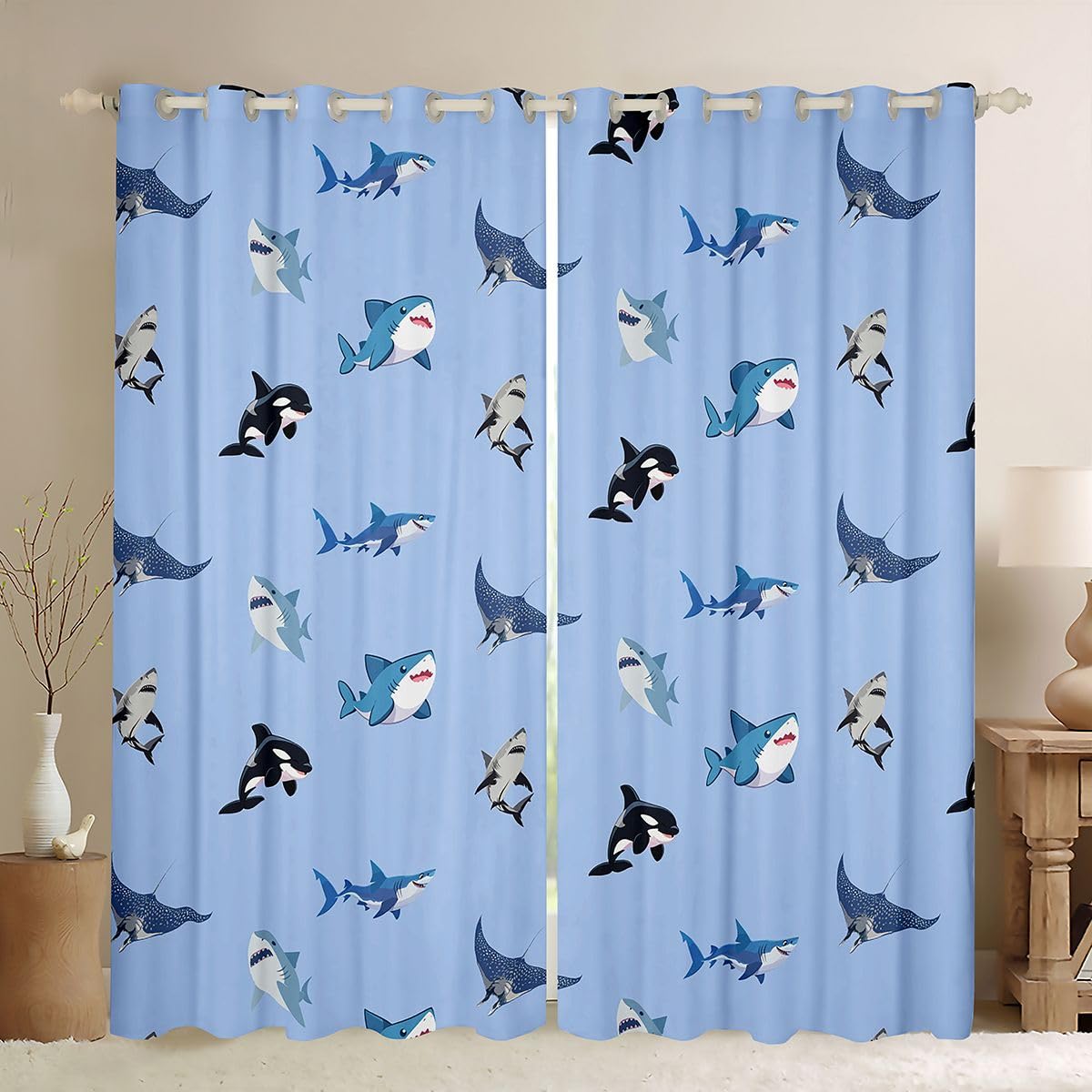 Homemissing Tende di squalo per camera da letto soggiorno animali marini creatura vita marina tende oscuranti mare mondo sottomarino trattamenti per finestre, 2 pannelli larghezza 166 x lunghezza 230