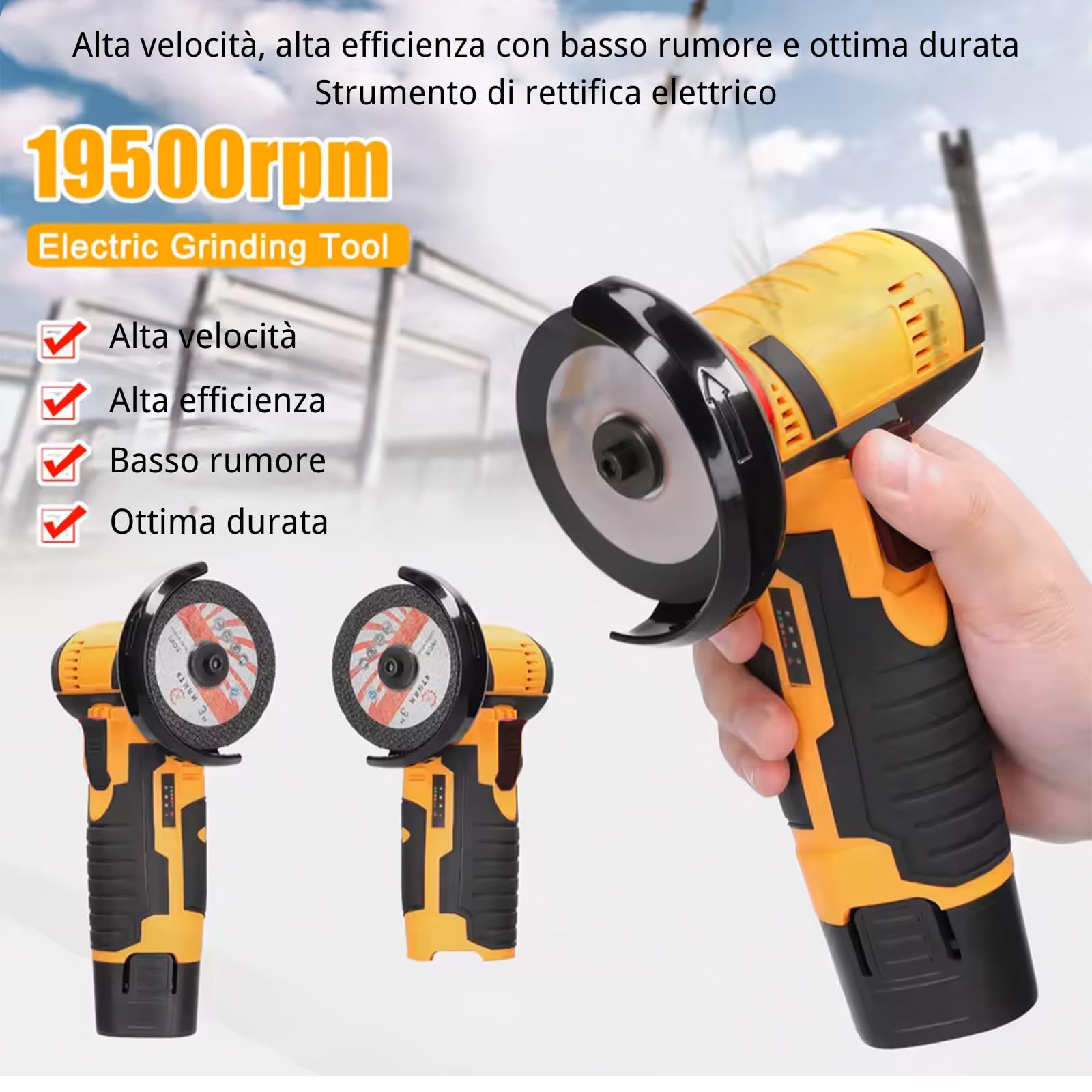 VOLTIX Smerigliatrice Angolare a Batteria 76mm, Mini Smerigliatrice Portatile con 2 Batterie Ricaricabili, Velocità 19500RPM, 2 Dischi Inclusi – Ideale per Taglio e Levigatura