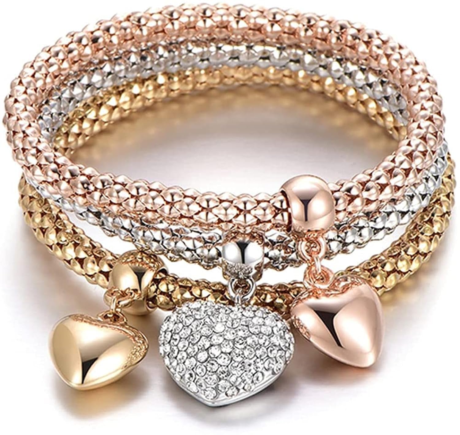 Multilayer Bracelets, KASTWAVE Crystal Charms Multilayer Bracelets, 3PCS Gold/Silver/Rose Gold Corn Chain Bracelet for Women, Tree of Life Heart Shaped Stretch Bracelet, One Size