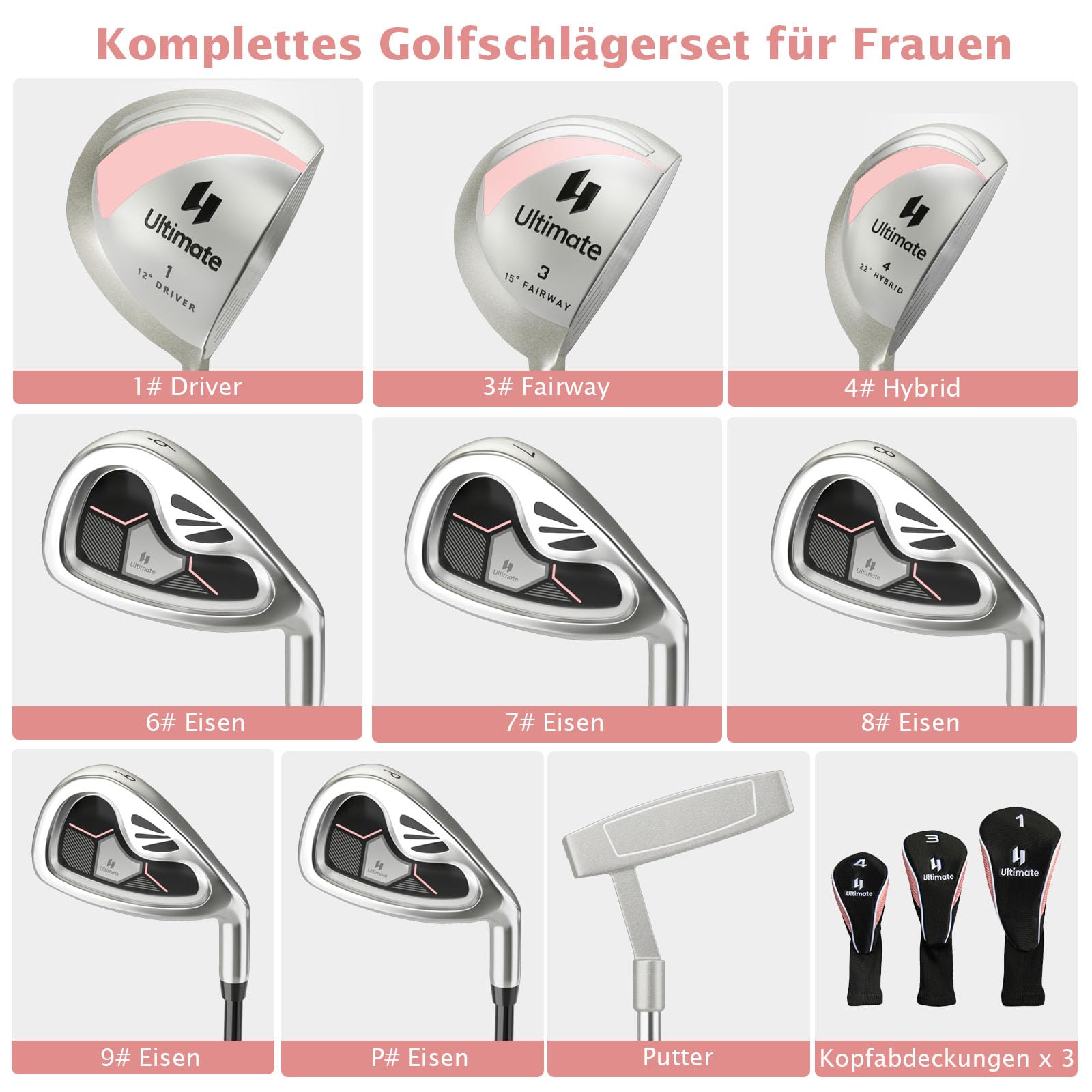 GYMAX Komplettes Golfschläger Set für Damen, 12-teiliges Golf Set mit Schlägerhauben, inkl. 1# Driver, 3# Fairway, 4# Hybrid, 6# & 7# & 8# & 9# & P# Eisen, Putter