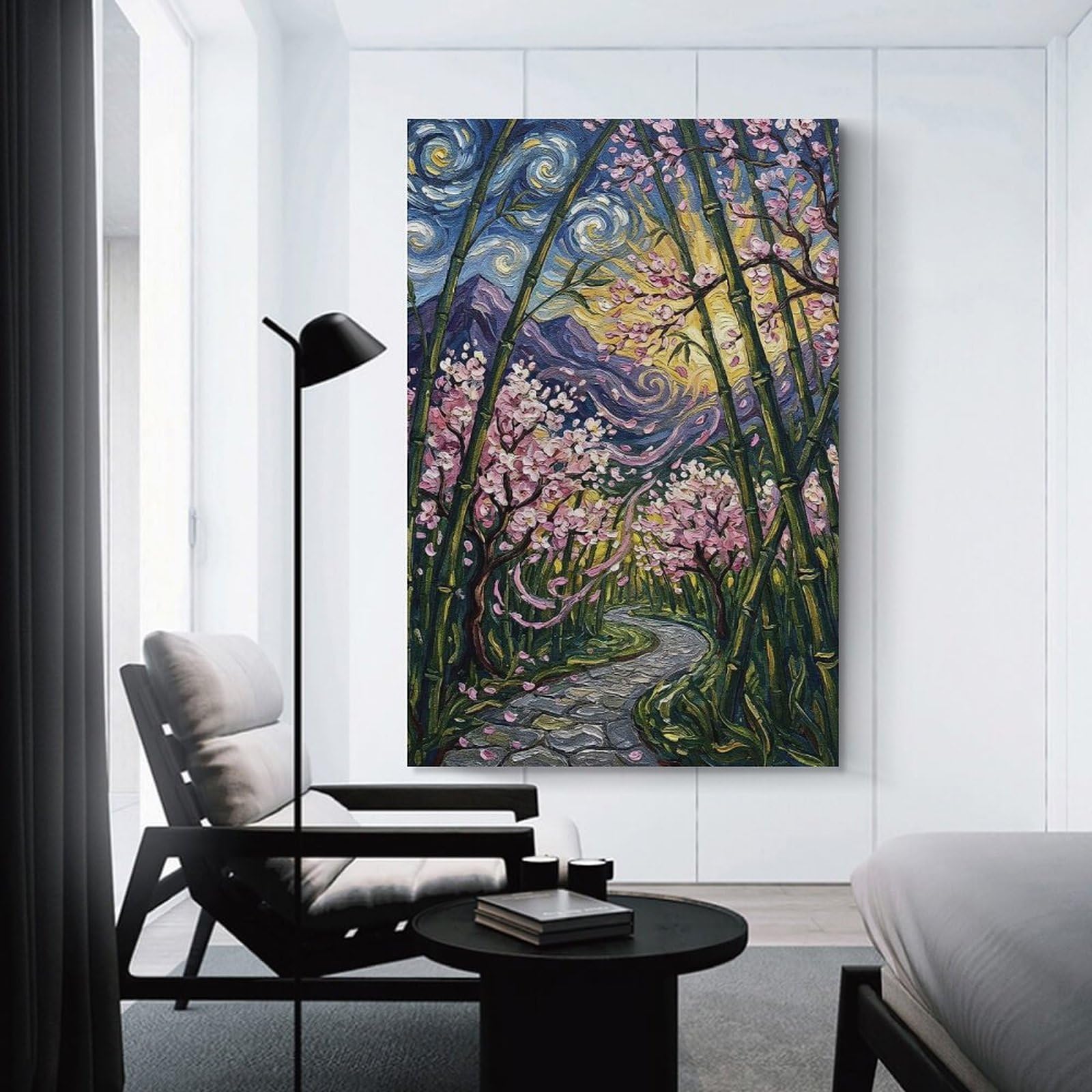 Junmoney Wall Art Print Bamboo Forest with Cherry Blossoms, 20x30inch(50x75cm), for Living Room, Bedroom Or Home Office, Thoughtful Wall Decor for Art Lovers