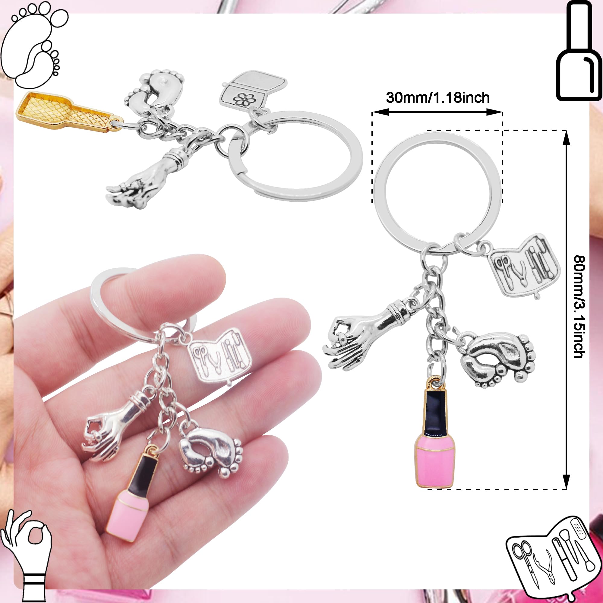 10Pcs Manicure Keychain Alloy Nail Polish Manicure Tool Hands and Feet Charm Keyrings for Manicurist Nail Stylist Nail Technician Gifts or Beauty Lovers