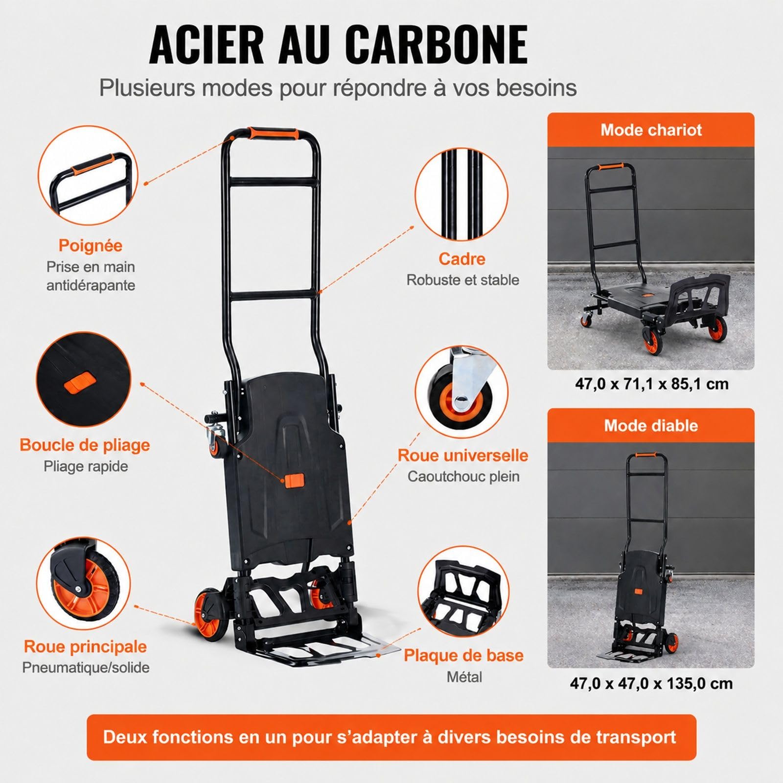 2 in 1 klappbare Sackkarre aus Aluminiumlegierung und Kohlenstoffstahl, Transportkarre mit Plattformwagen für Lade- und Transportaufgaben