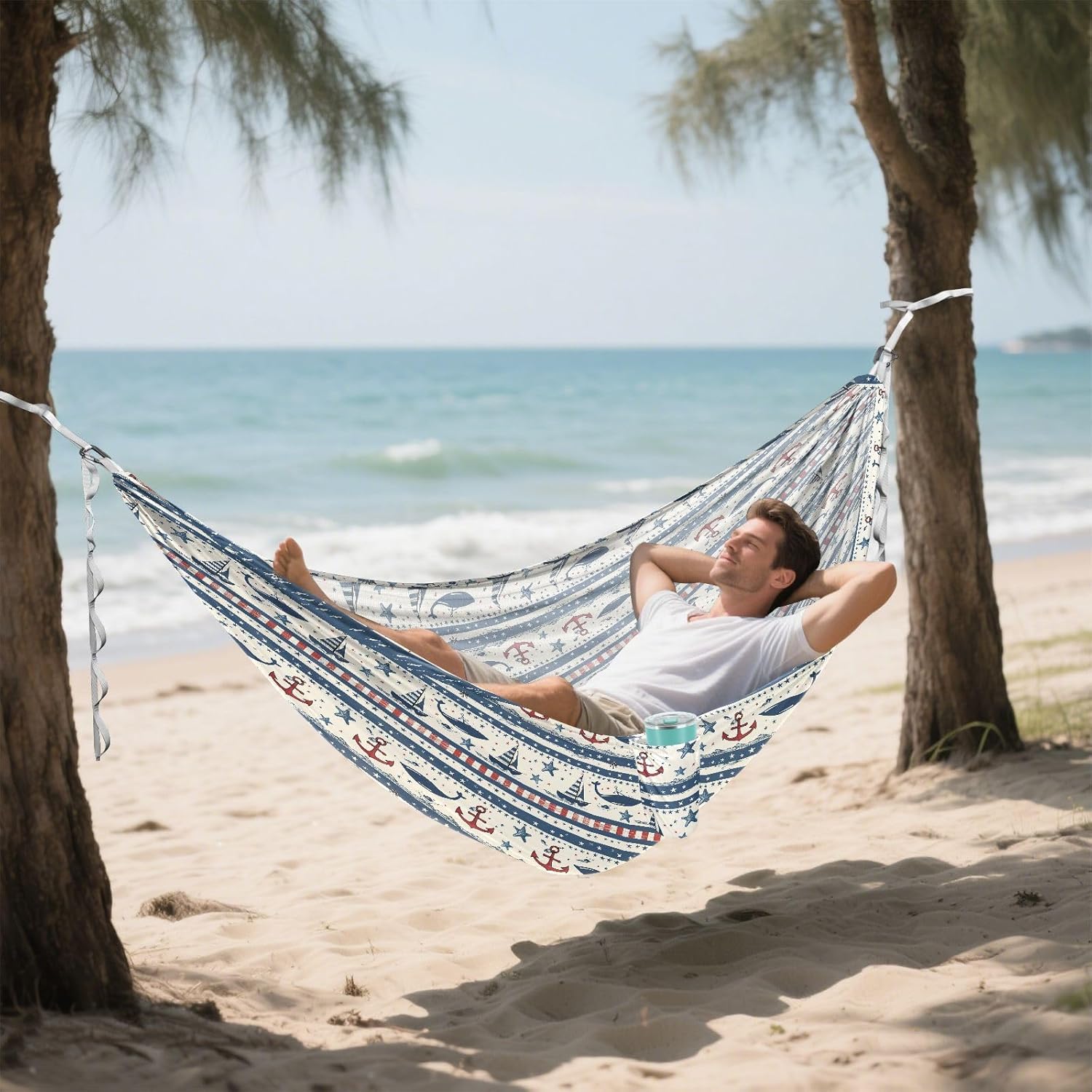 ALAZA Sailboat Anchor Stars Stripe Camping Hammocks Single or 2 Person 500 lbs Portable Parachute Travel Hammock w/Tree Straps for Hiking Backpacking Indoor Outdoor