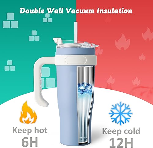 Miniatura 6 de Vaso de 40 onzas con asa y popote, vaso de acero inoxidable a prueba de fugas, taza de viaje aislada al vacío para bebidas calientes y frías, azul