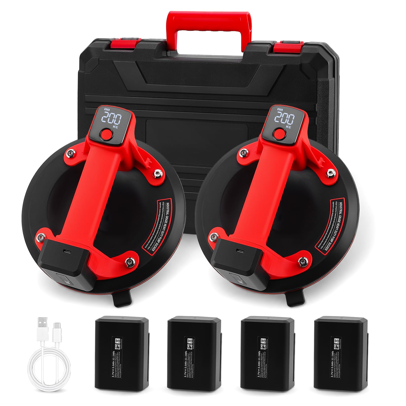 Elevador de succión con batería, juego de 2 unidades, 20 cm, elevador eléctrico para azulejos, aspirador de cristal con 4 baterías de 2400 mAh, pantalla LCD, capacidad de carga máxima de 200 kg