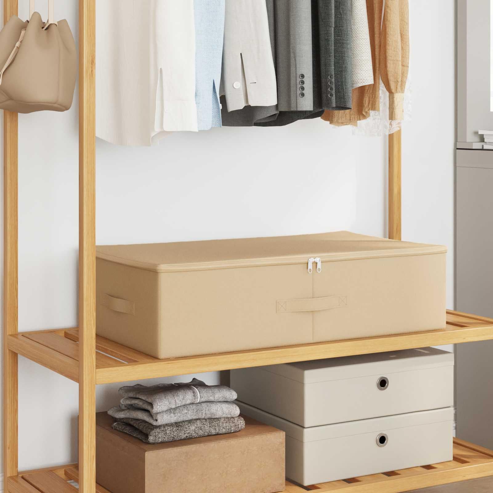 Gecheer Boîte de Rangement Pliable 70x40x18 cm Lot de 6 - Tissu Non Tissé Respirant avec Compartiments, Poignées Latérales et Fermetures Éclair - Idéal pour Sous le Lit, Jouets, Vêtements - Crème