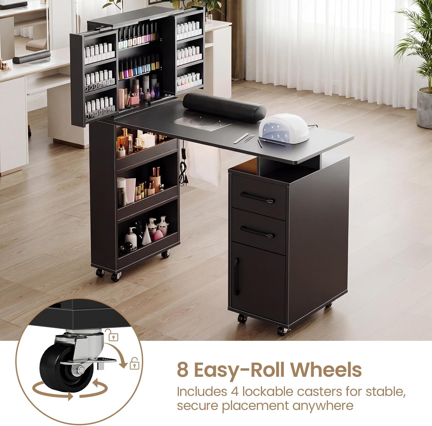 Manicure Table with Extendable Polish Cabinet, Nail Desk with LED Light, Dust Collector, Wrist Rest, Lockable Wheels, Beauty Salon Station Home Nail Tech, Black