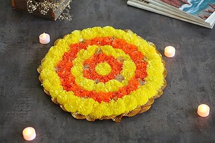 Kesri Gifts Unique Designer Specially Handcrafted Artificial Flowers and Pearls Decorative Tealight/Diya/Candle Holder/Rangoli Mat/Festive Decor-Set of 1(t2219-1)