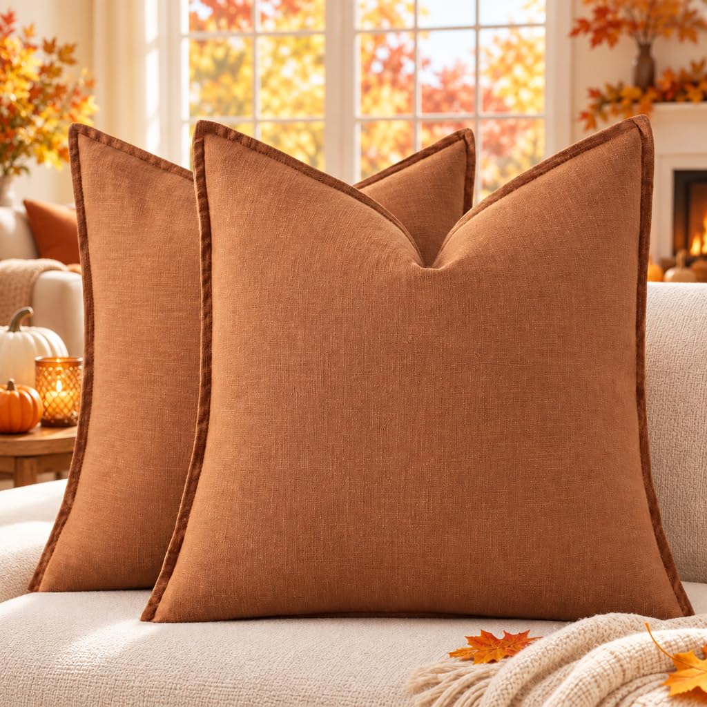decorUhome Fall Light Rust Linen Throw Pillow Covers 16x16 Set of 2