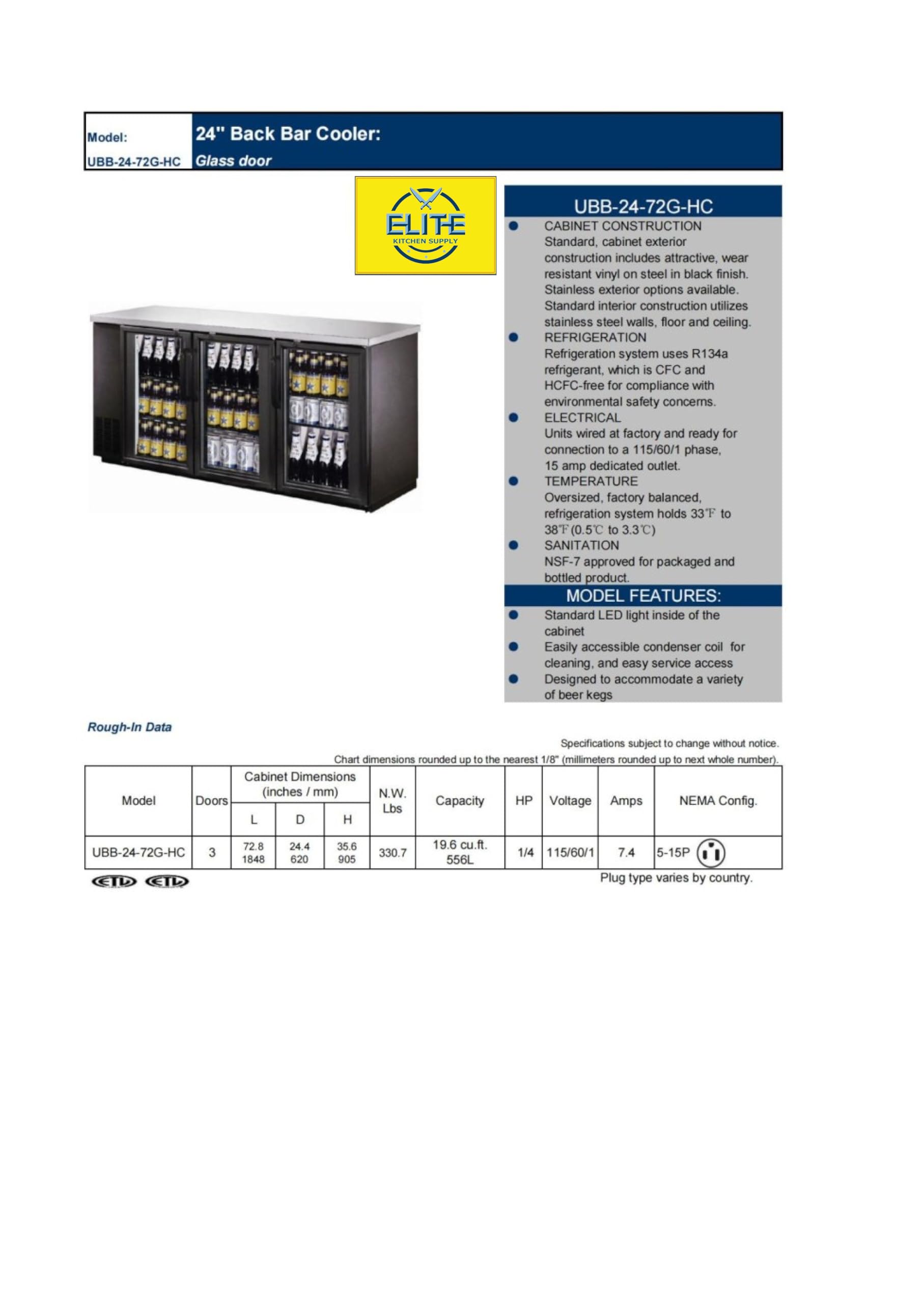 Elite Kitchen Supply Commercial Back Bar Beer Refrigerator, Etl Restaurant Upright Under Counter Stainless Steel Display Fridge Cooler Merchandiser, Glass Door, LED Lighting, 72" W 19.6 Cu.Ft.. Black on Fridge.com - View 2