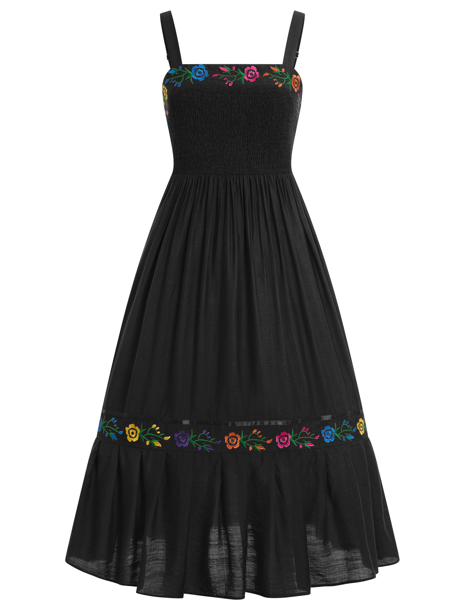 Womens Cinco De Mayo Fiesta Mexican Traditional Folk Floral Embroidery Dress Adjustable Spaghetti Straps