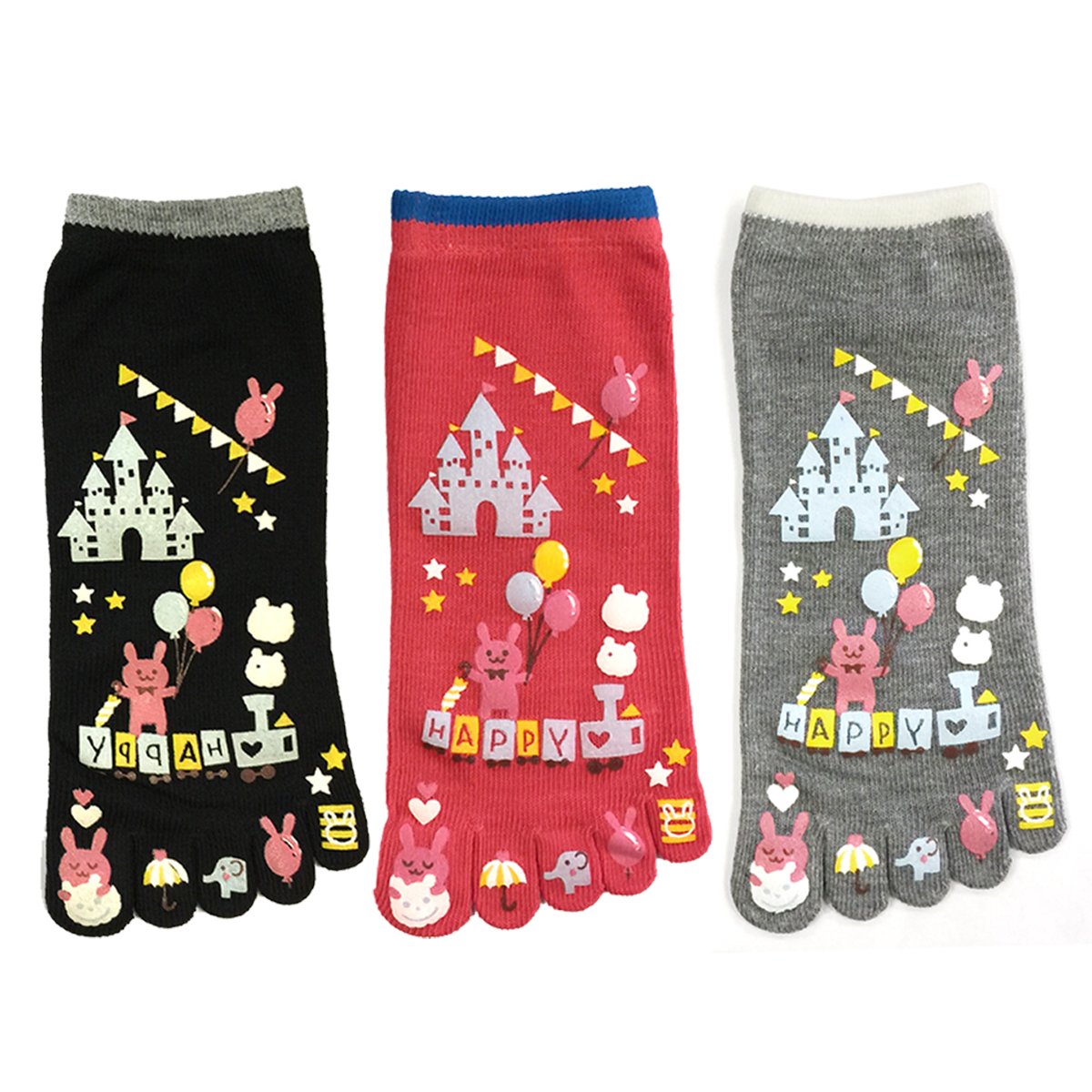 Wrapables Amusement Park Five Finger calcetines de dibujos animados calcetines de cinco dedos Set de 3, negro / rojo / gris