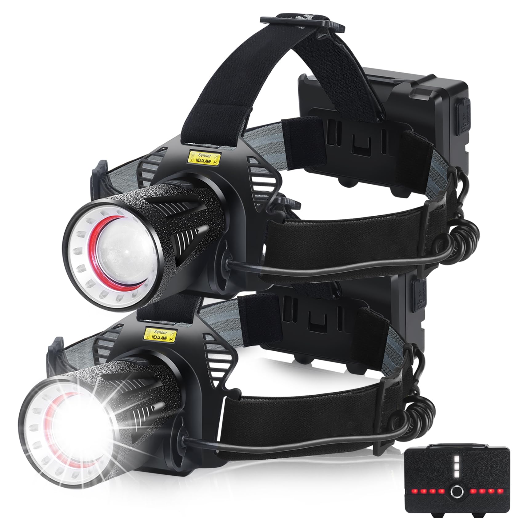 Aikertec Stirnlampe, wiederaufladbar, 120.000 Lumen, helle Stirnlampe für Erwachsene, mit Bewegungssensor, 7 Modi, Zoom, Stirnlampe, batteriebetrieben, Taschenlampe, Stirnlampe für Hardhat, Laufen (2