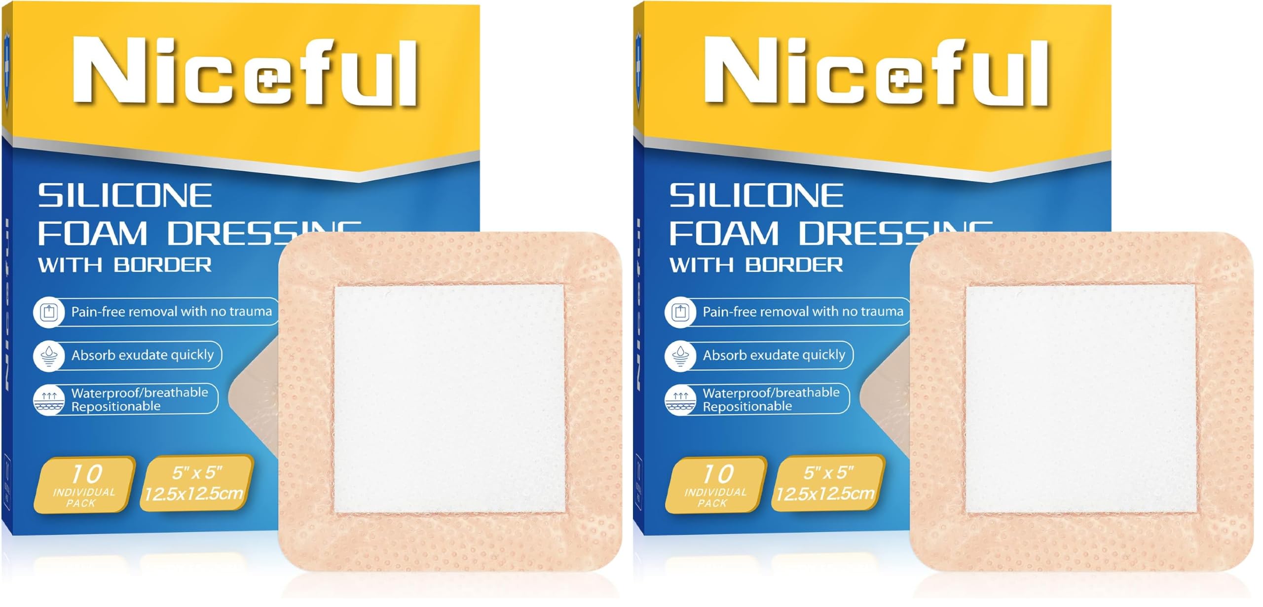 Niceful Silicone Foam Dressing 5“x5 20 Pcs, Gentle for Sensitive Skin