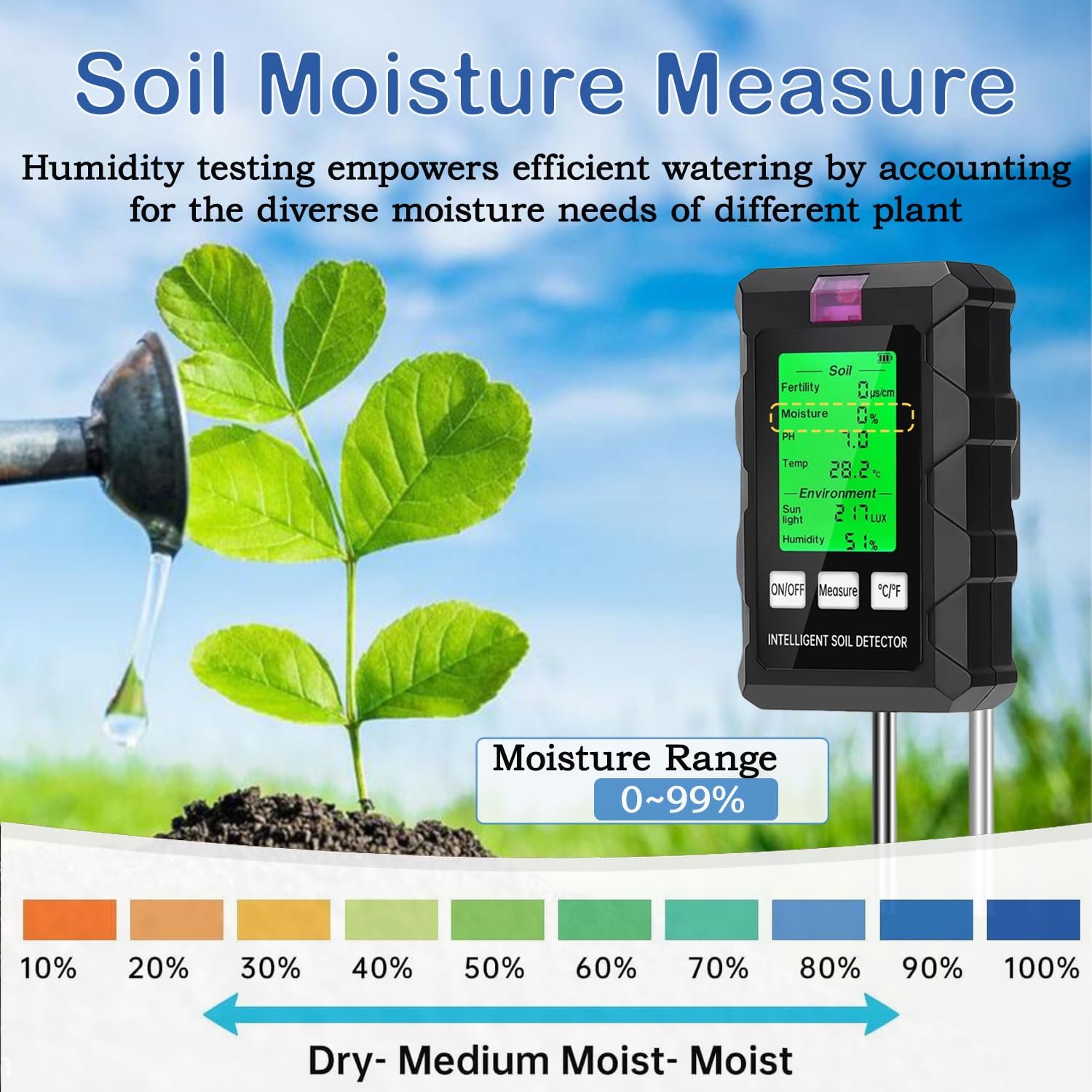 Testeur d'Humidité du Sol 6 en 1, Mesure pH, Fertilité, Lumière Soleil, Température, Hygromètre Plante pour Jardin, Potager et Plantes d'Intérieur
