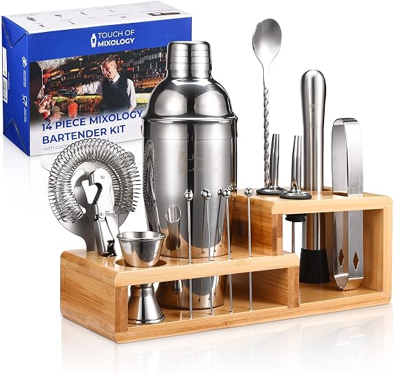 14PC Bartender Kit - Silver Cocktail Shaker Set - All Barware Essentials for Drink Mixing Includes Stand, Martini Shaker, Jigger, Strainer, Mixer Spoon, Muddler, Liquor Pourers, Touch of Mixology