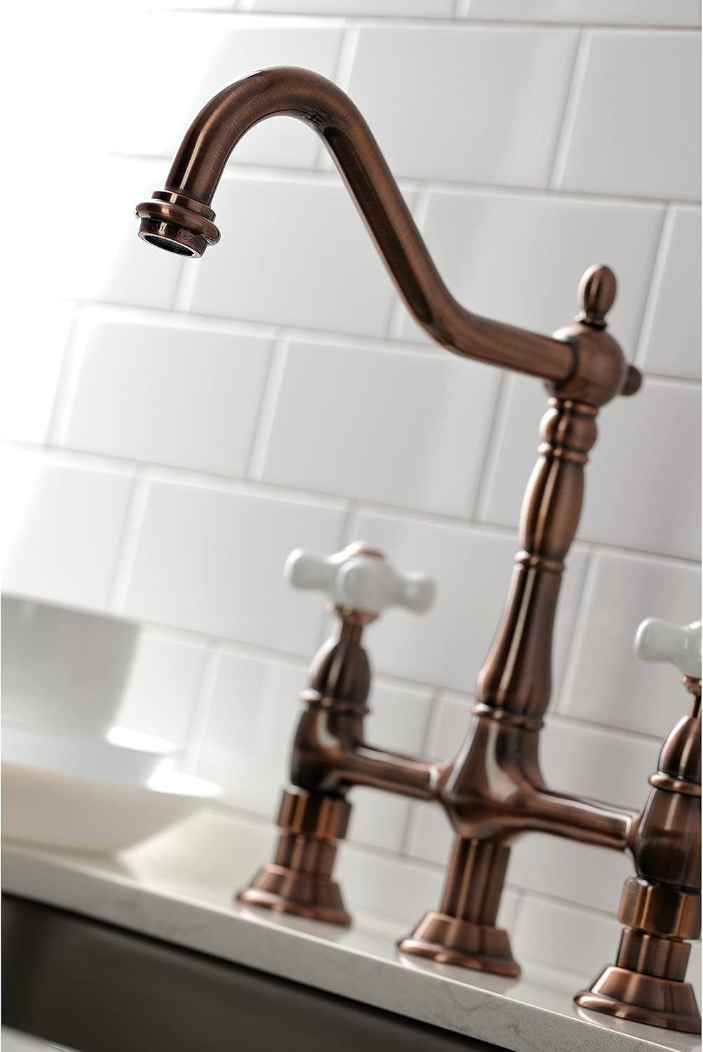 Kingston Brass KS127PXBSAC Heritage Bridge Kitchen Faucet with Brass Sprayer, Antique Copper
