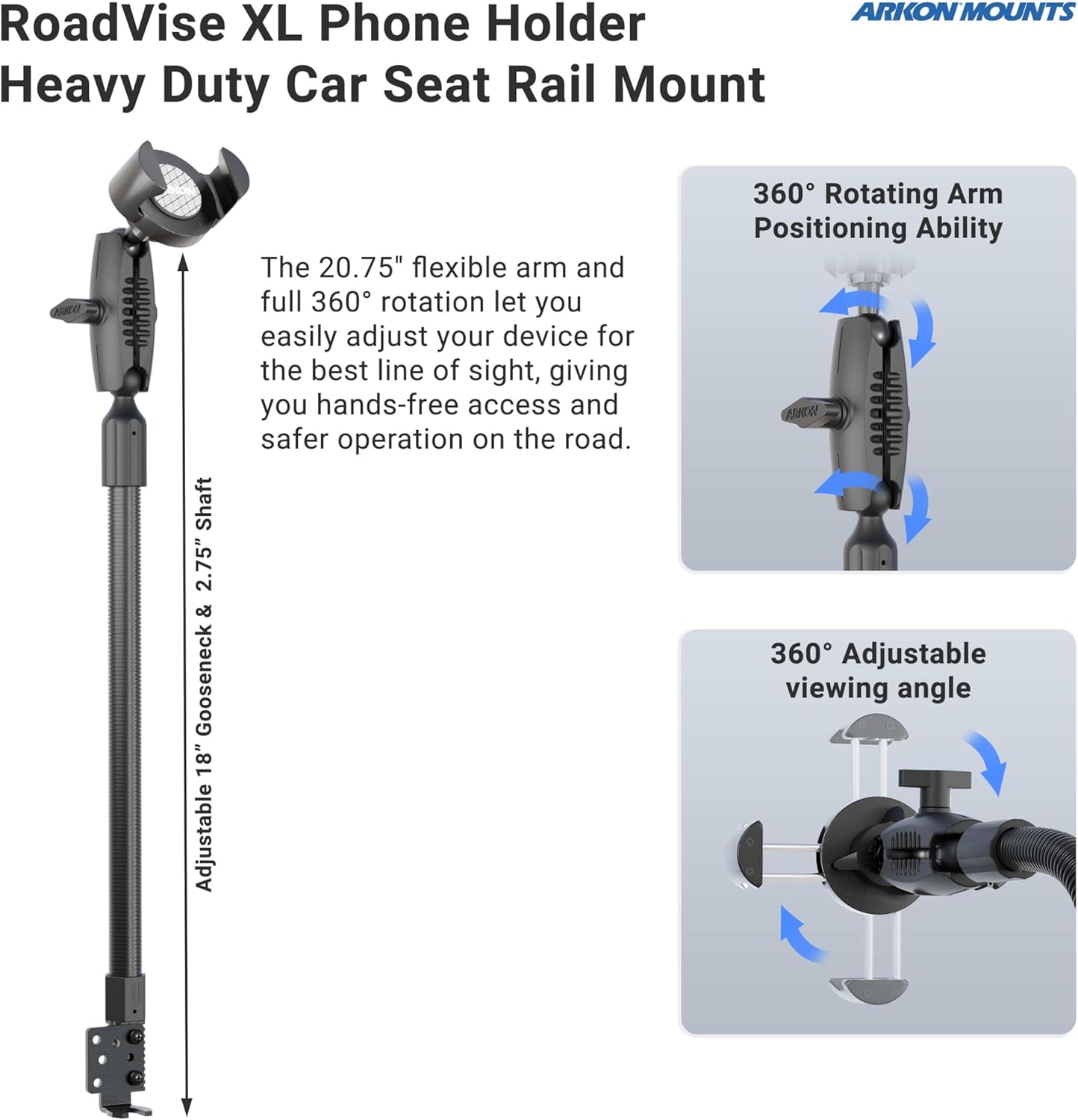 ARKON Mounts RoadVise XL Phone Holder with Seat Rail & Floor Mount | for Cars & Trucks | Solid & Flexible 18" Gooseneck | Solid 3.75" Shaft | Compatible with iPhone, Samsung, Pixel & More
