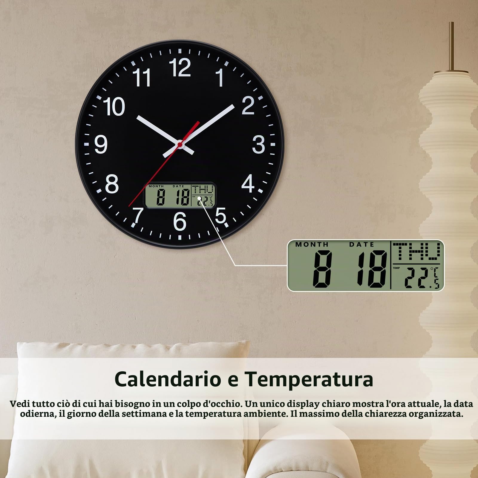 VIVILINEN Orologio da Parete Moderno Con Temperatura e Calendario, Orologio da Muro Silenzioso a Batteria Senza Ticchettio Decorativo per Soggiorno, Cucina, Camera da letto, 30cm