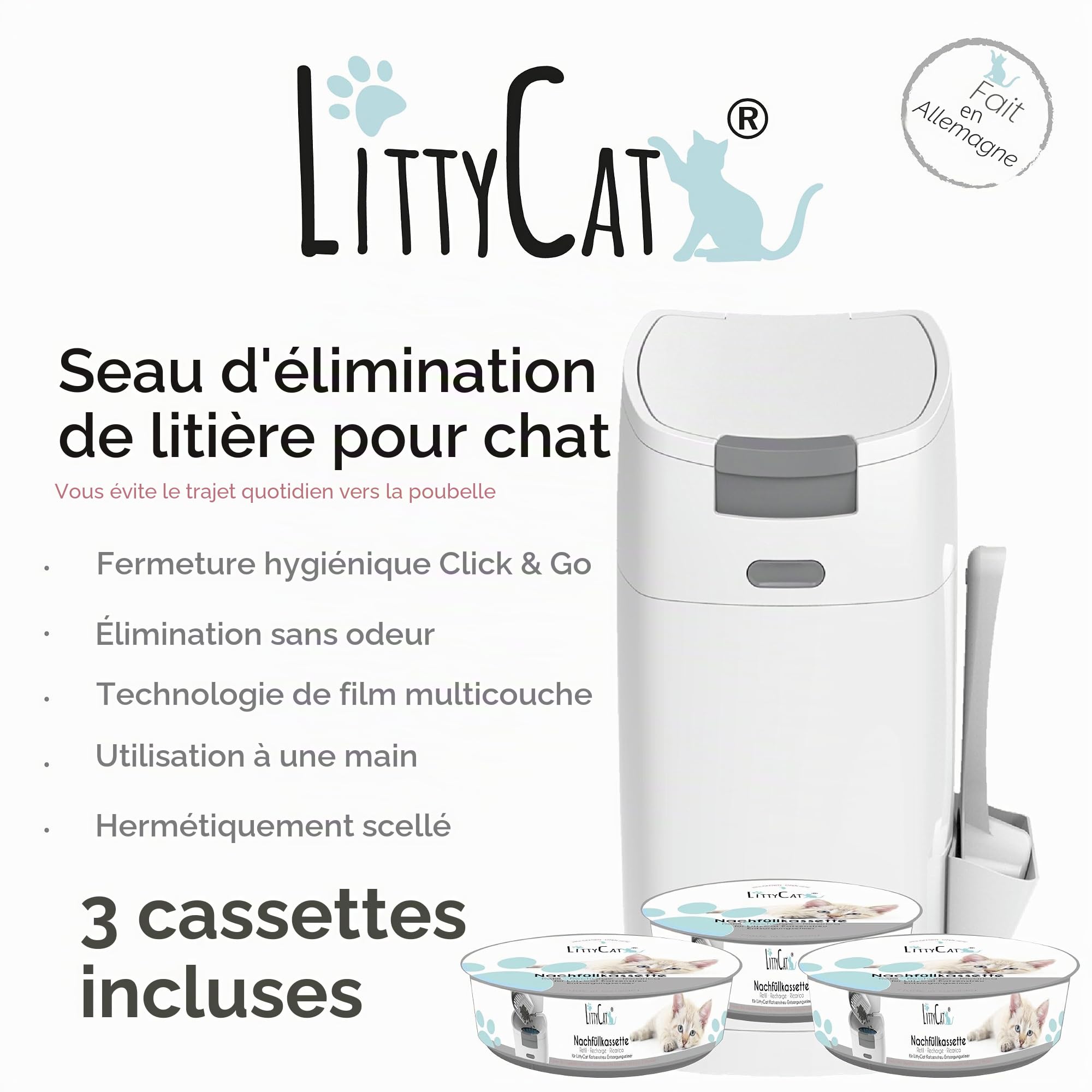 Littycat® Seau à litière pour chat incl. pelle & 3 recharges • Seau d’élimination hermétique aux odeurs • Système clic utilisable d’une seule main • Poubelle pour litière de chat