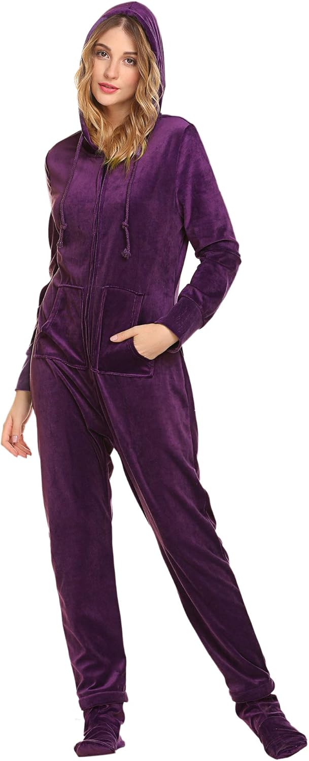 Hotouch Women's One Piece Pajamas Coral Fleece Onesie Hooded Footed Jumpsuit Pajamas S-XL at  Women’s Clothing store
