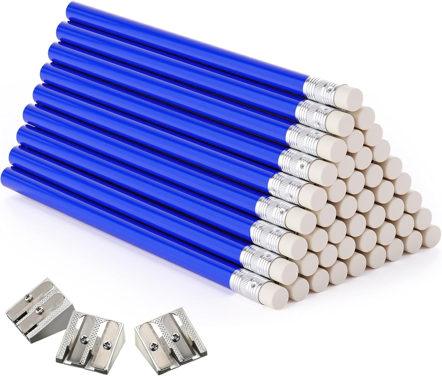 Fainne 48 Pcs Fat Pencils Jumbo Big Thick Large Pencils and 3 Pieces Sharpeners for Kids Beginners Preschoolers Kindergarten School Office Supplies (Blue+silver,Round)