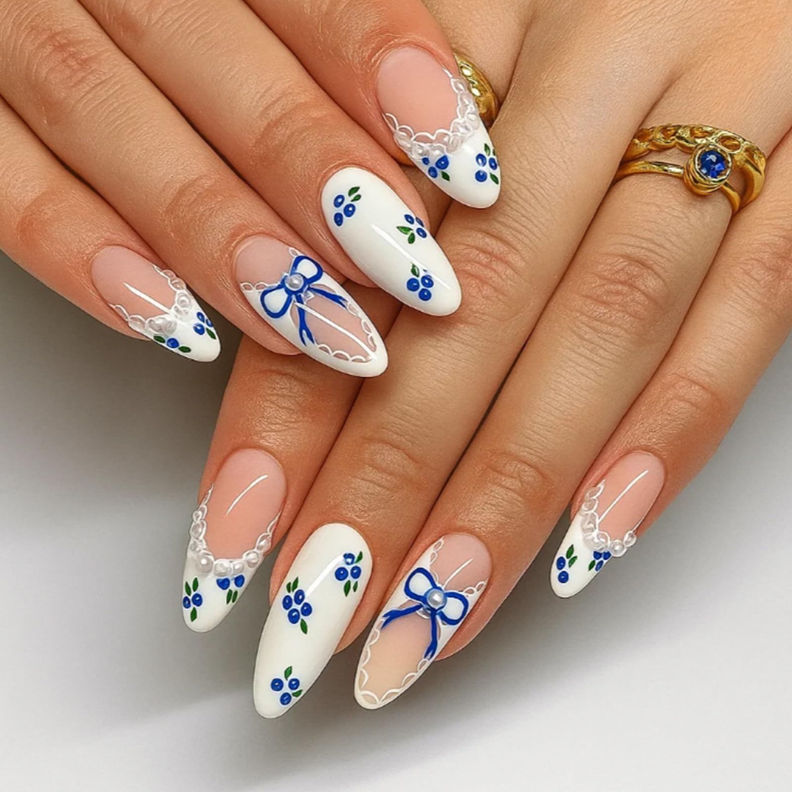 Elegant French Tip Press-On Nails with Floral Bow & Lace Design in Long Almond Shape - Image 2