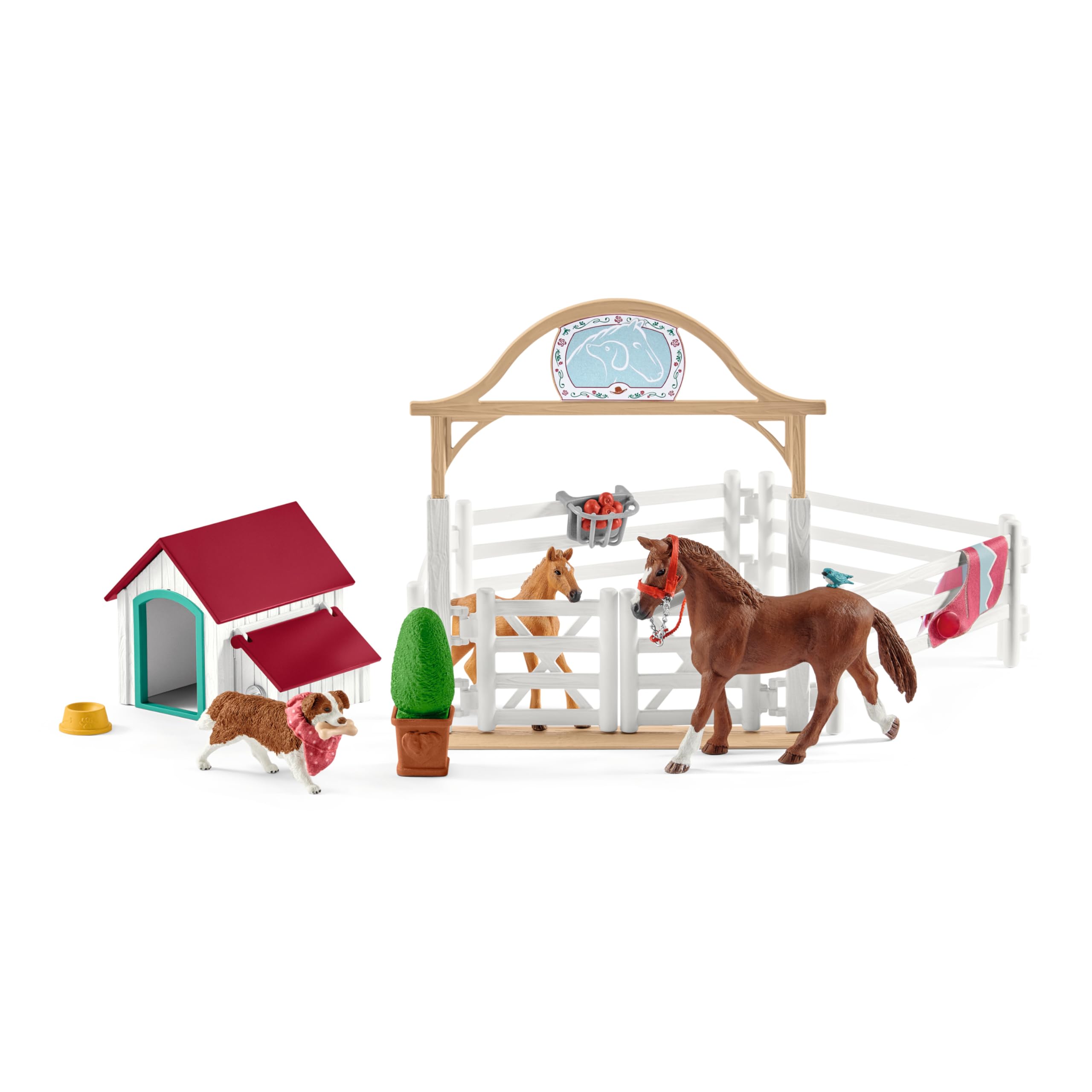 SCHLEICH 42458 Horse Club Hannahs konie gościnne z suką Ruby, 33-częściowy zestaw do zabawy z 2 figurkami koni, 1 x figurka psa i akcesoria, zabawka dla dzieci od 5 lat