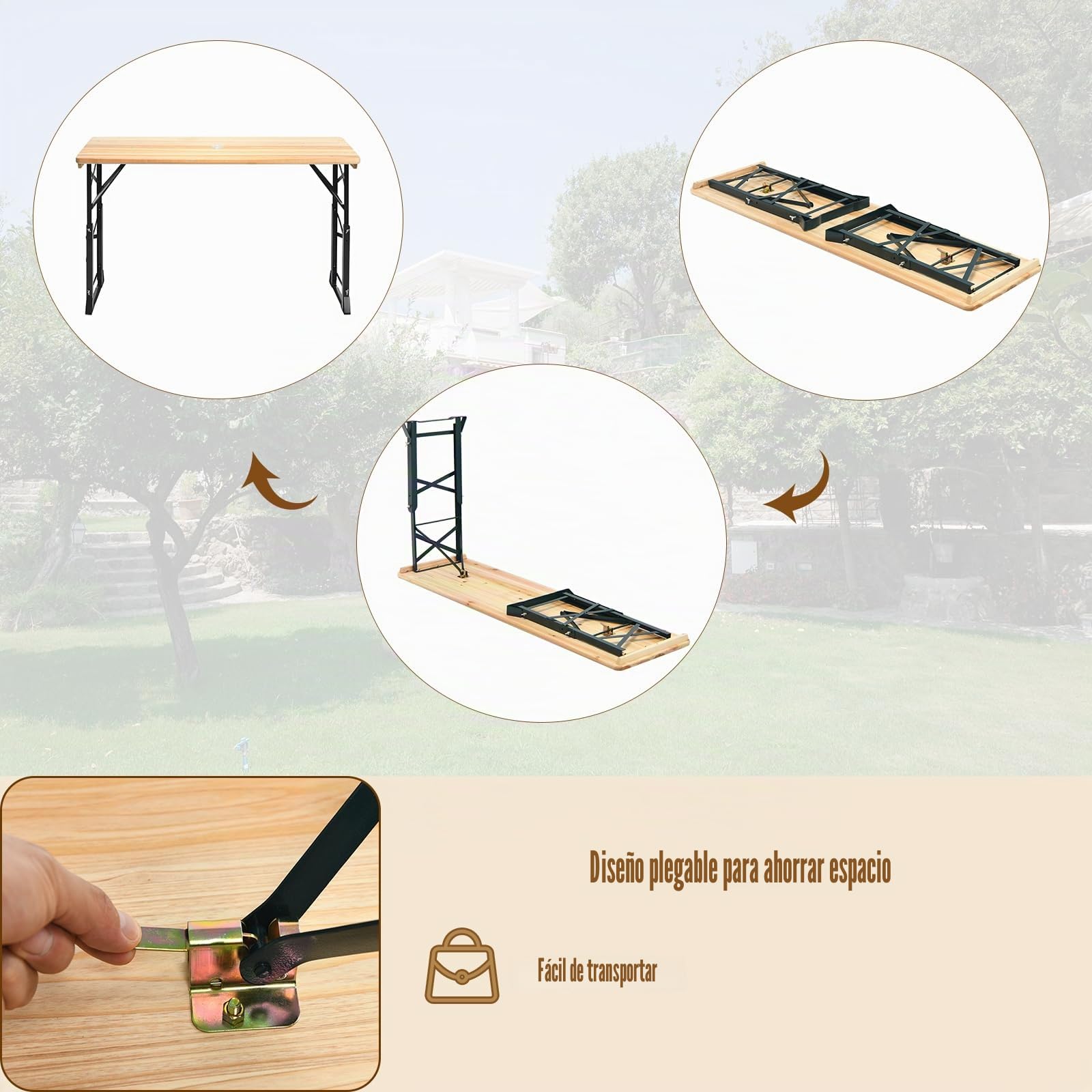 KOMFOTTEU Mesa Plegable de Camping de Madera Maciza, Mesa de Picnic con Orificio de Sombrilla y Altura Ajustable, para Jardín, Terreza, Picnic, Fiesta, 168,5 x 50 x 75/105 cm