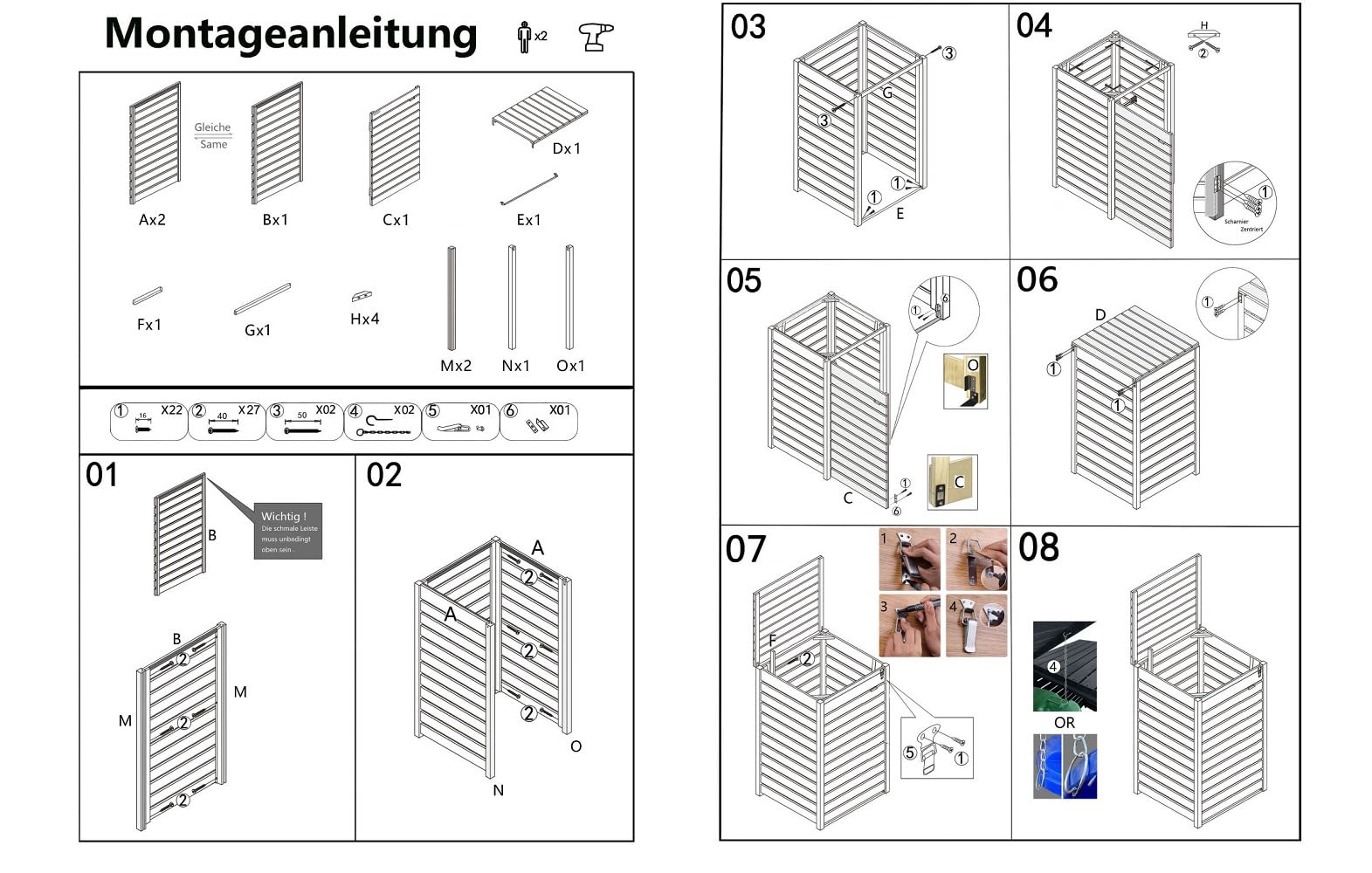 Cache-poubelle pour poubelles de 120 l en bois imprégné anthracite avec paroi arrière, armoire à poubelles (Hambourg 1 tonne)