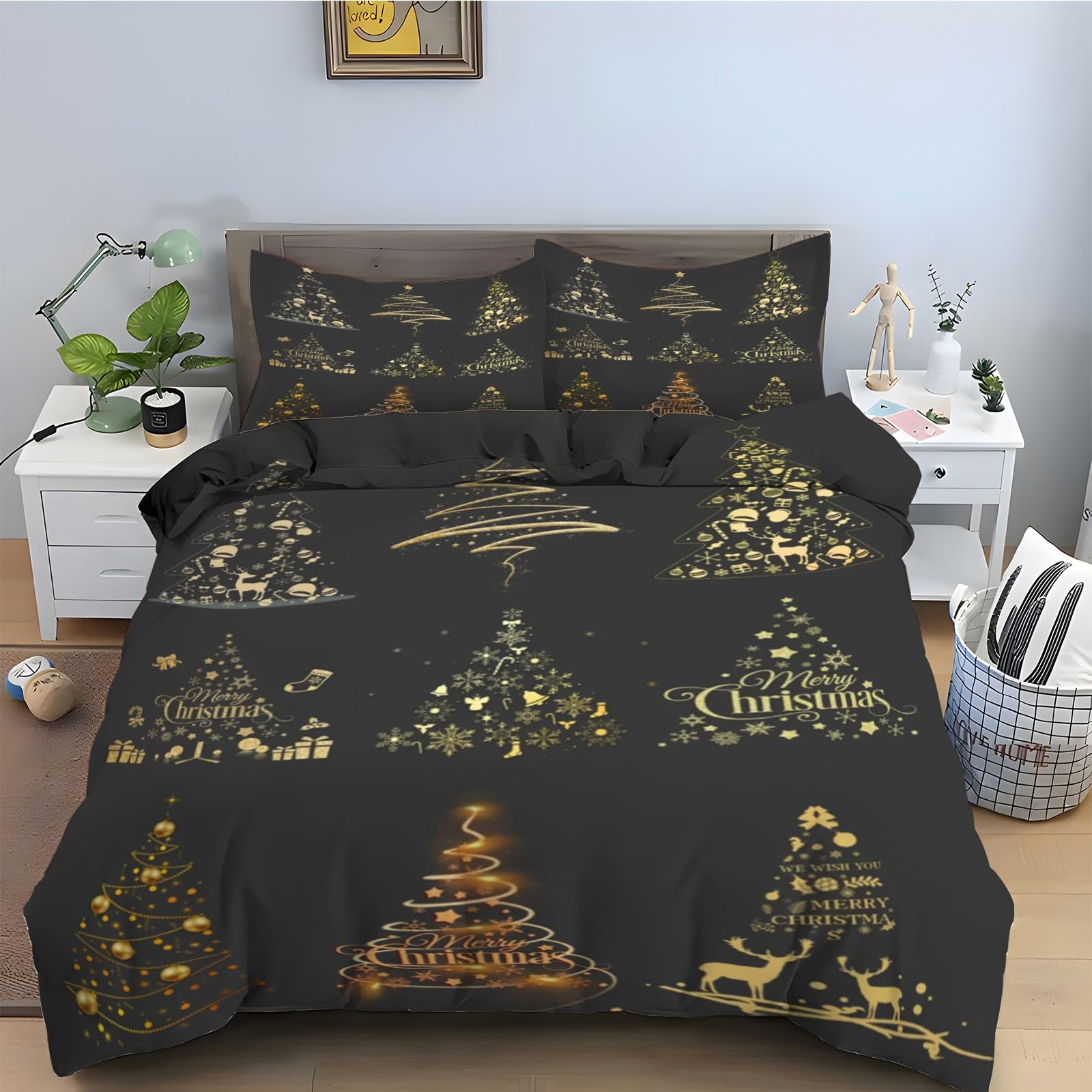Housse de couette 160x200 arbre de Noël en microfibre douce avec taies d'oreiller