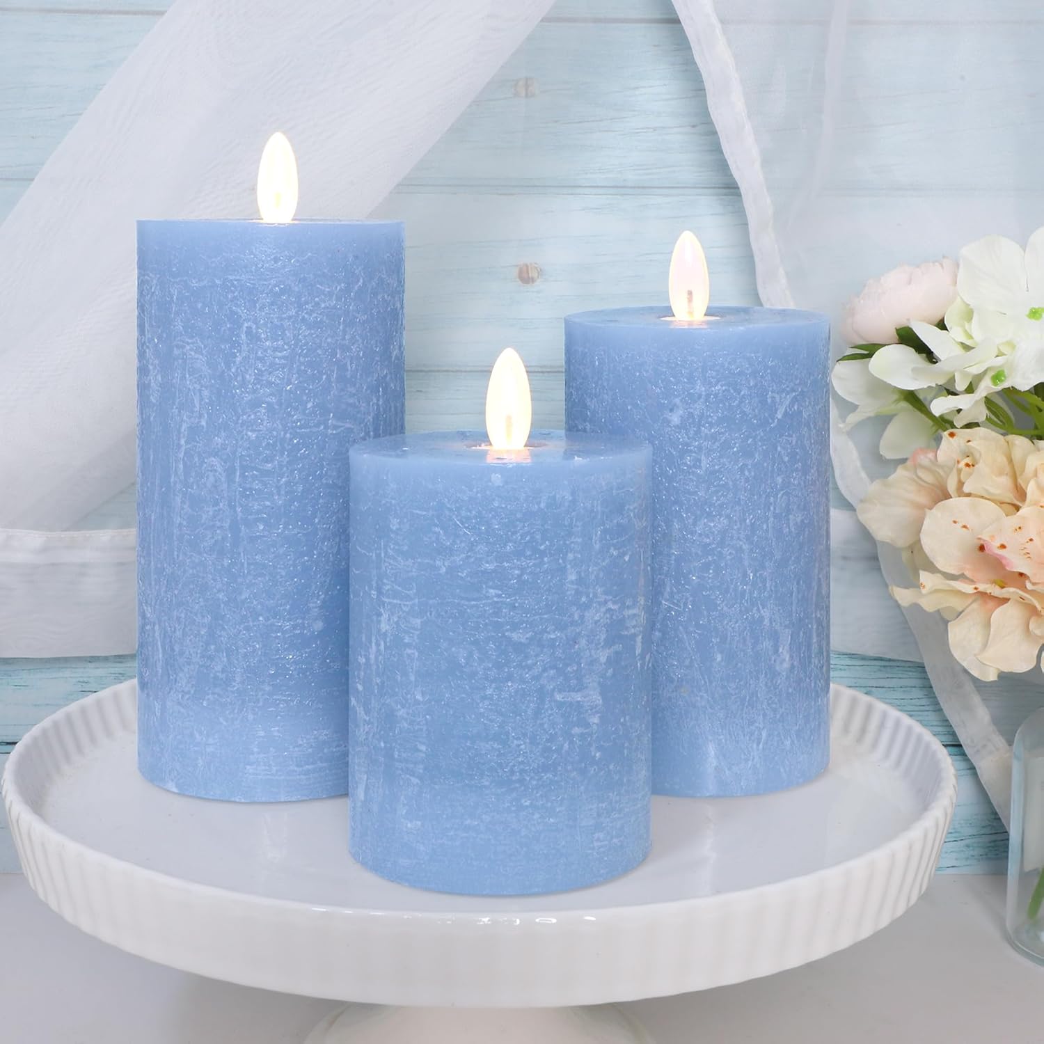 Seaglass Battery Flameless LED Candle, Silver Blue Flickering Pillar Timer, Remote Control, Unscented Real Wax