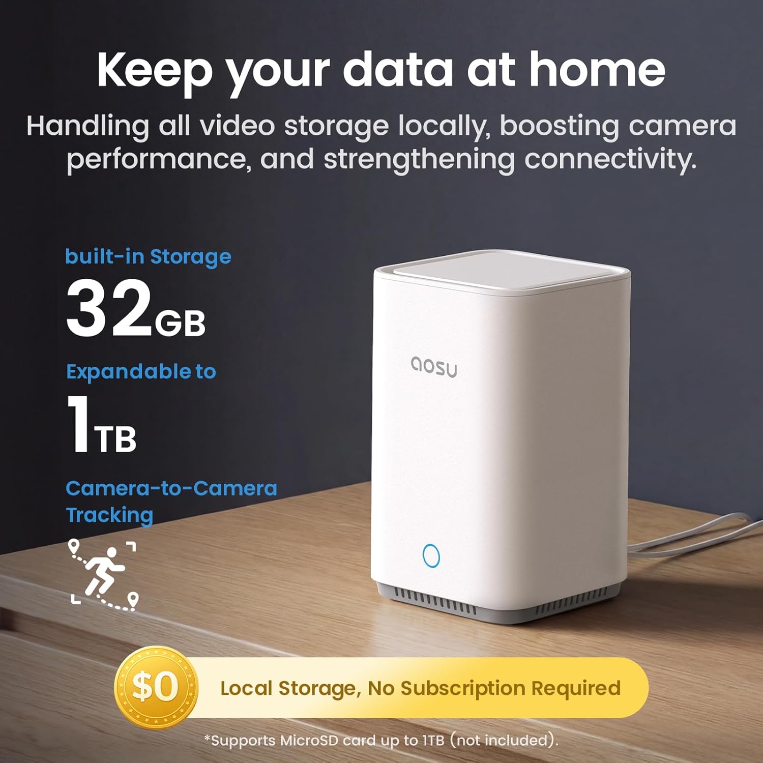 An aosuBase device on a wooden surface, with text indicating 32GB built-in storage, expandable to 1TB, and local storage with no subscription required.