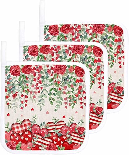 3 Packs Valentine's Eucalyptus Pot Holders Sets for Kitchen,Oven Pan Plate Bowl Pads Heat Proof Mat with Hanging Loop,Terry Cloth Potholders Soft
