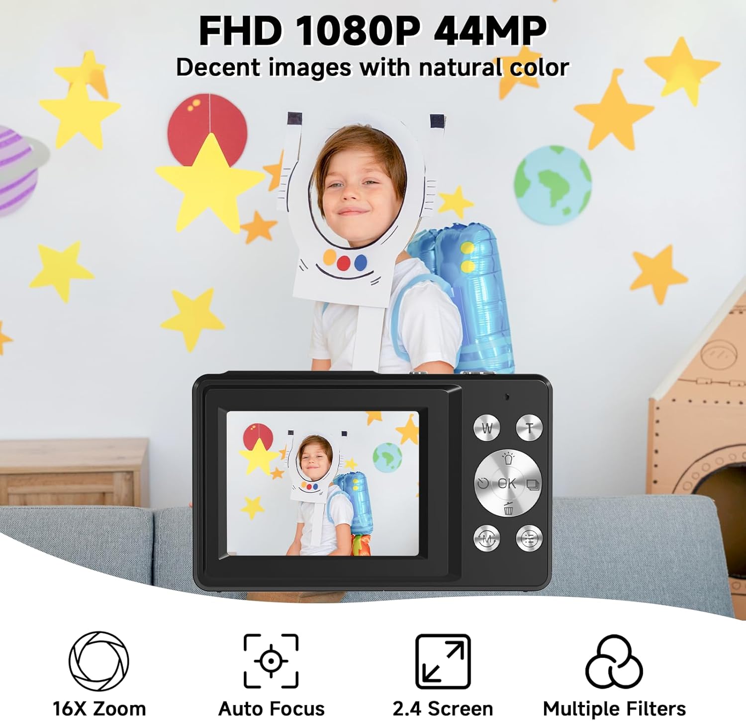 Digital Camera, 44MP Compact Camera, FHD 1080P Point and Shoot Digital Cameras with 16X Zoom, Face Detect, Smile Capture, Anti Shake, for Boys Girls Teens Gifts(Black) - Image 2