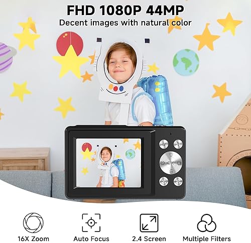Miniatura 2 de Cámara digital, cámara compacta de 44 MP, cámaras digitales FHD 1080P para apuntar y disparar con zoom de 16X, detección facial, captura de