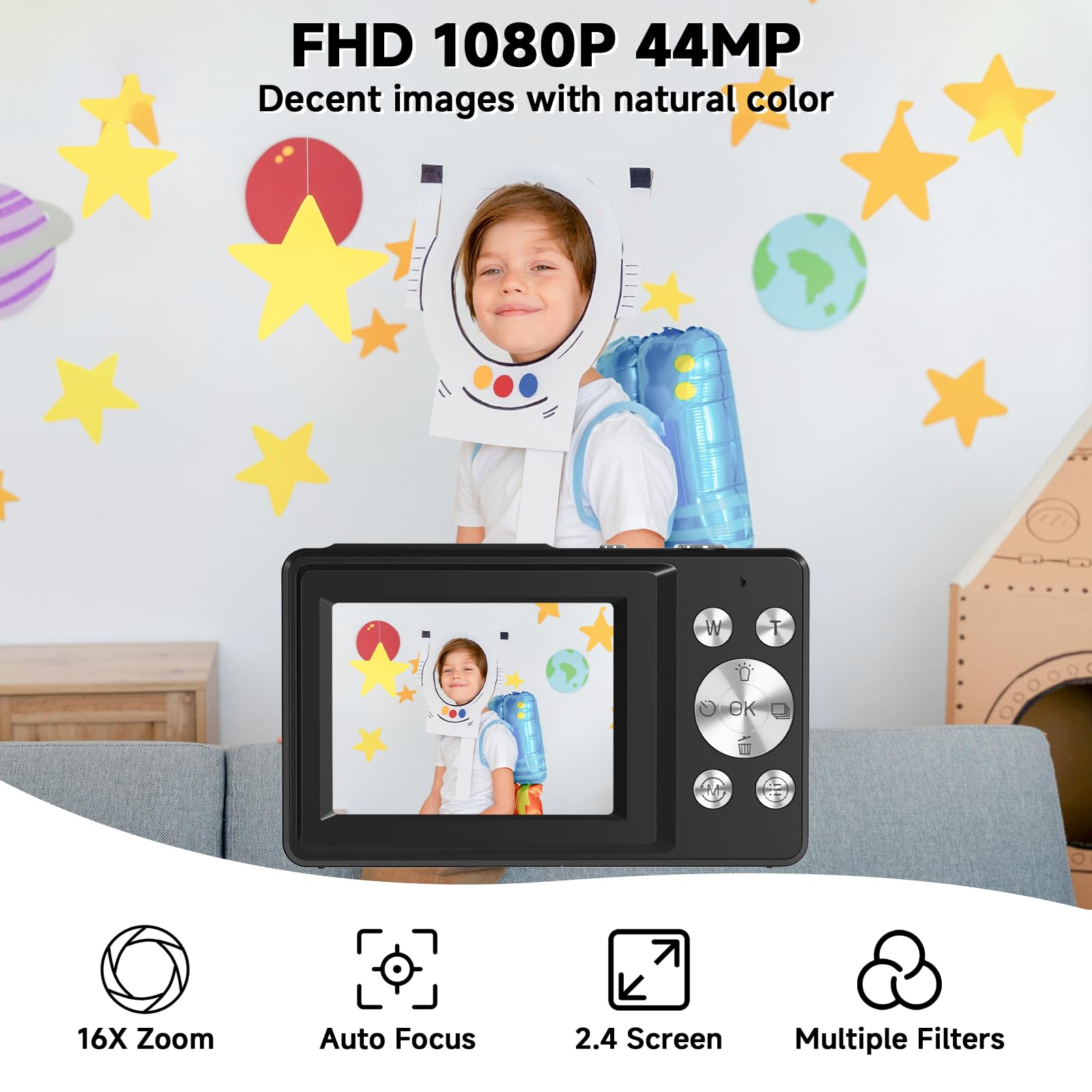 Cámara digital, cámara digital FHD 1080P para niños, cámara digital vintage con zoom de 16X, detección facial, captura de sonrisa, antivibración, cámara compacta de apuntar y disparar, cámara pequeña