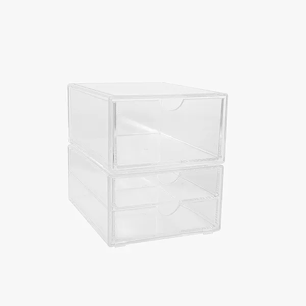 Martha Stewart Brody 2 Pack Desk Organizers, Single Drawer Box and 2 Drawer Box, Stackable Plastic Storage for Office, Bathroom, Countertop, Dorm, 6" x 7.5", Clear
