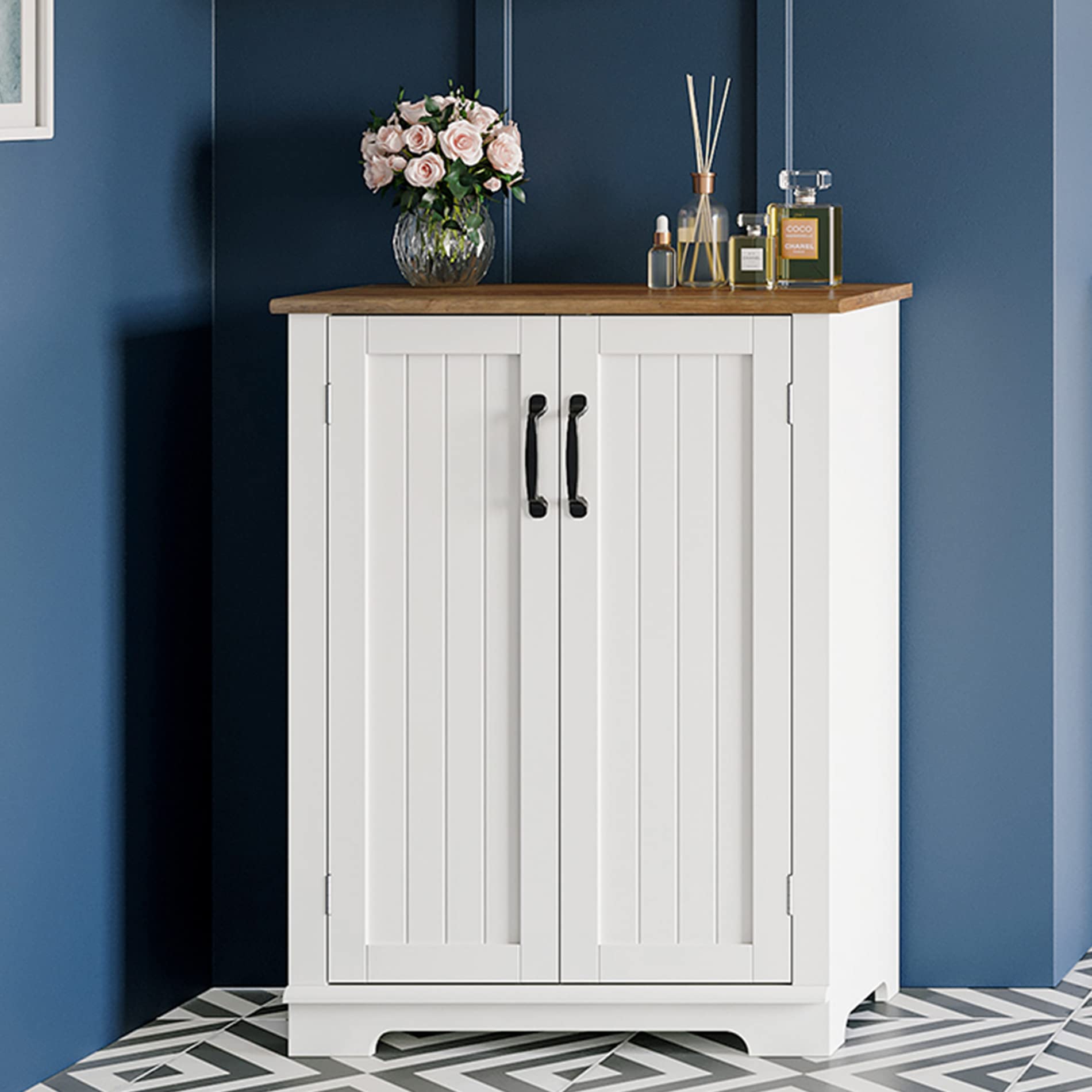 WAMPAT White Farmhouse Storage Cabinet with Doors, Bathroom 31.5" Height Free Standing Cupboard with Adjustable Shelf for Living Room, Entryway, Study