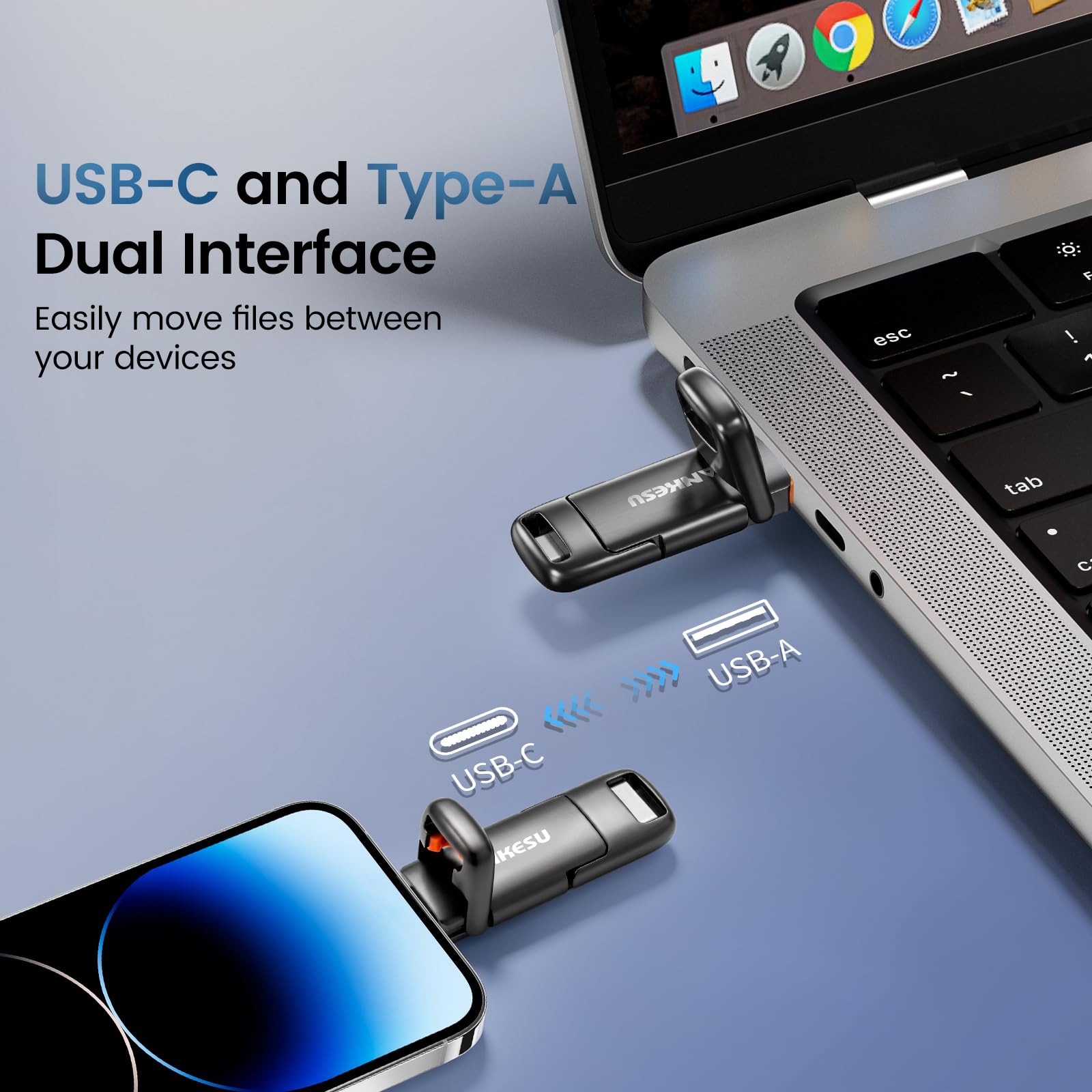 Chiavetta USB 3.2 da 128 GB, velocità di lettura 400 MB/s, USB-A e Type-C, per iPhone 15/16/Android/Mac/Tablet, Memory Stick ad alta velocità