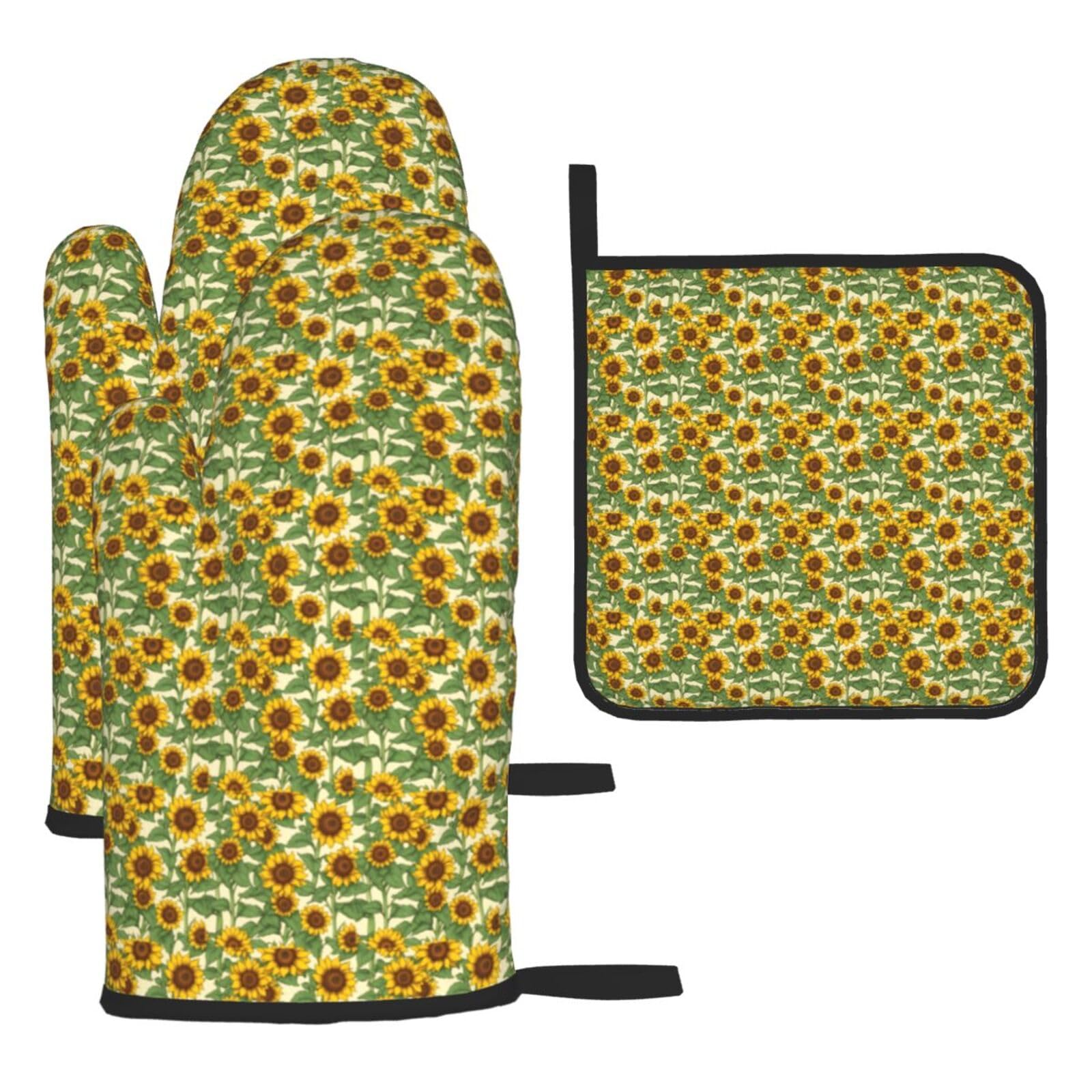 Sunflower Print Oven Mitts Kitchen Gloves Set Everyday Baking Grilling Microwaving Cooking Gift