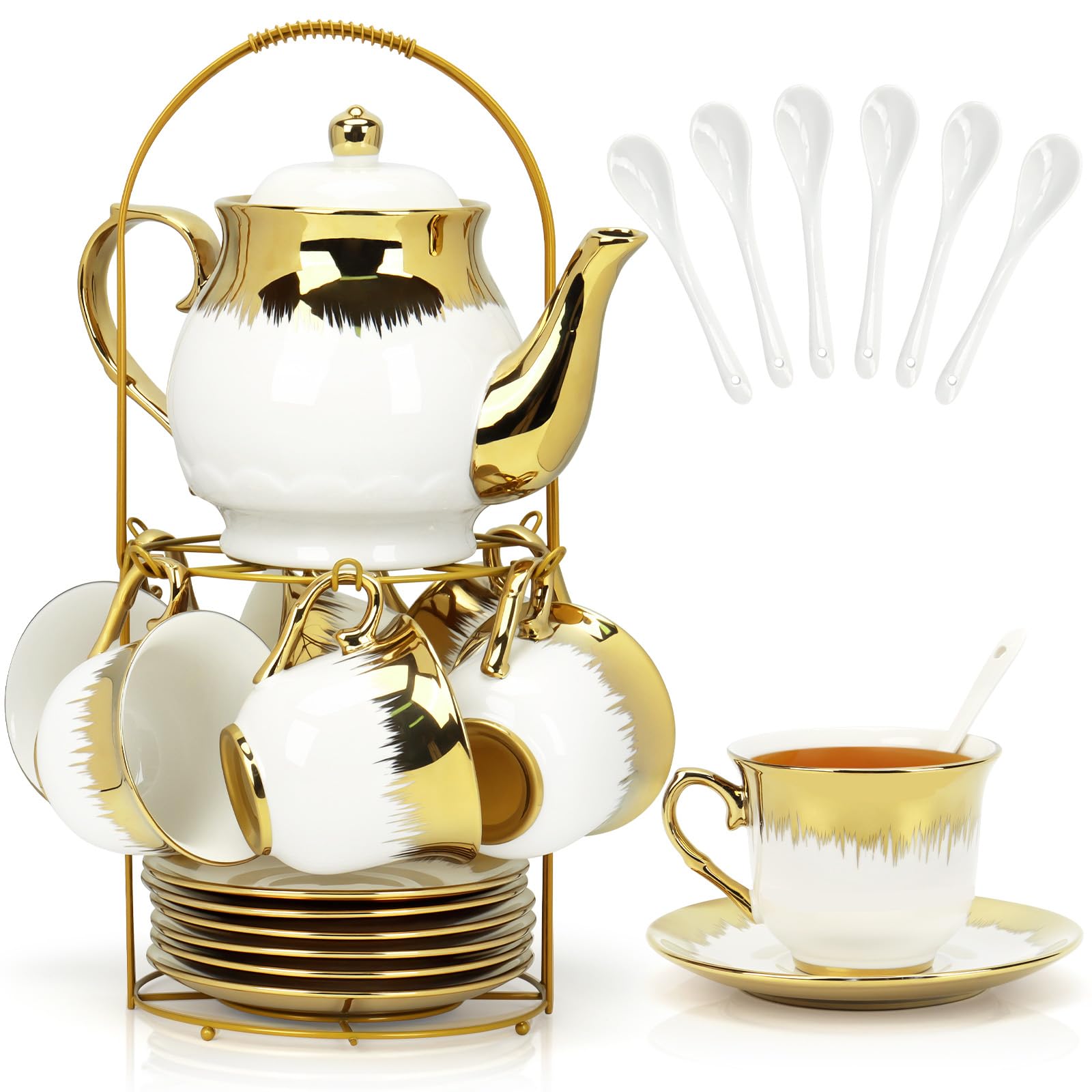 Hebaogugu Porcelain Tea Set, 20 Pcs Ceramic Tea Set for Adults with Metal Holder, Large European Tea Cup Set, Adult Tea Sets Gift, Gold Trim Tea Cup Saucer Sets for Party Deco,1000ML (Gold Trim)