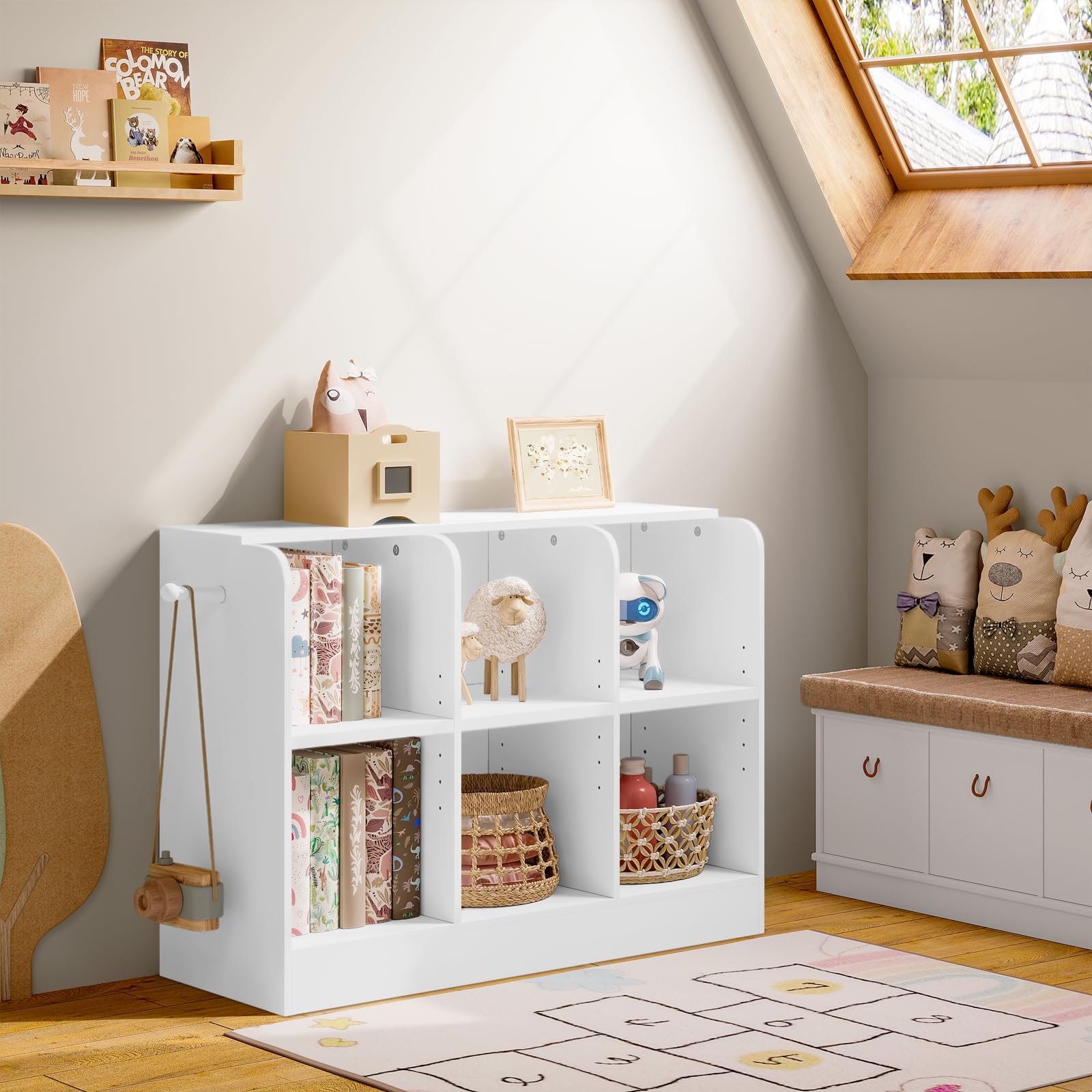 Lestarain Bibliothèque Enfant, Étagère à 6 Compartiments, Meuble Rangement avec Étagères Réglables, pour Chambre d'Enfant, Salle de Jeux, 91,5x30x60cm, Blanc