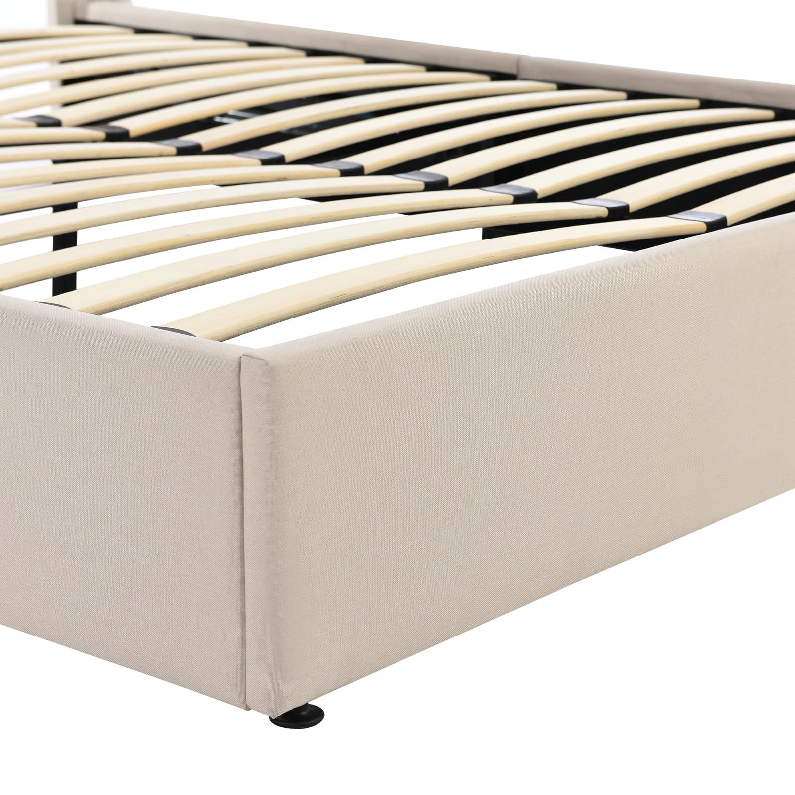FEEOHOME Lit Double Rembourré 160 x 200 cm, lit 2 Places avec Cadre de lit et Espace de Stockage, Lits Coffre sommier à Lattes pour Adulte Adolescent, Lin Beige
