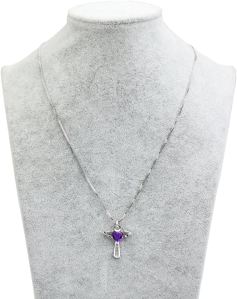 Silver Plated Angel Birthstone Necklace,Cubic Zirconia Cross Necklace for Women,First Communion Baptism Gifts - Image 6