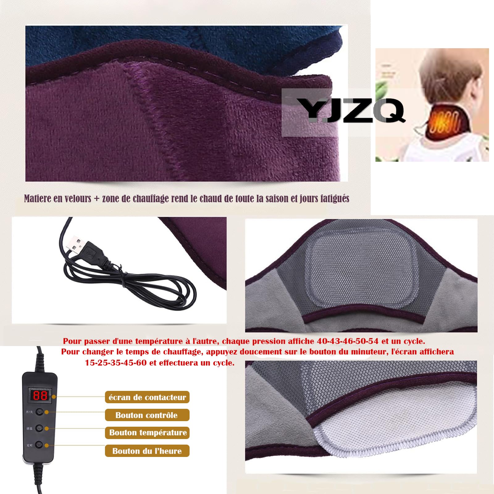 YJZQ Minerve Chauffe Nuque USB Cervicale Chauffante 5 Modes - Température Contrôle 40℃ à 54℃ et Temps réglable 15Min à 60Min Support de Cou Ajustable pour Aider Soigner Douleur Tour de Cou 64CM